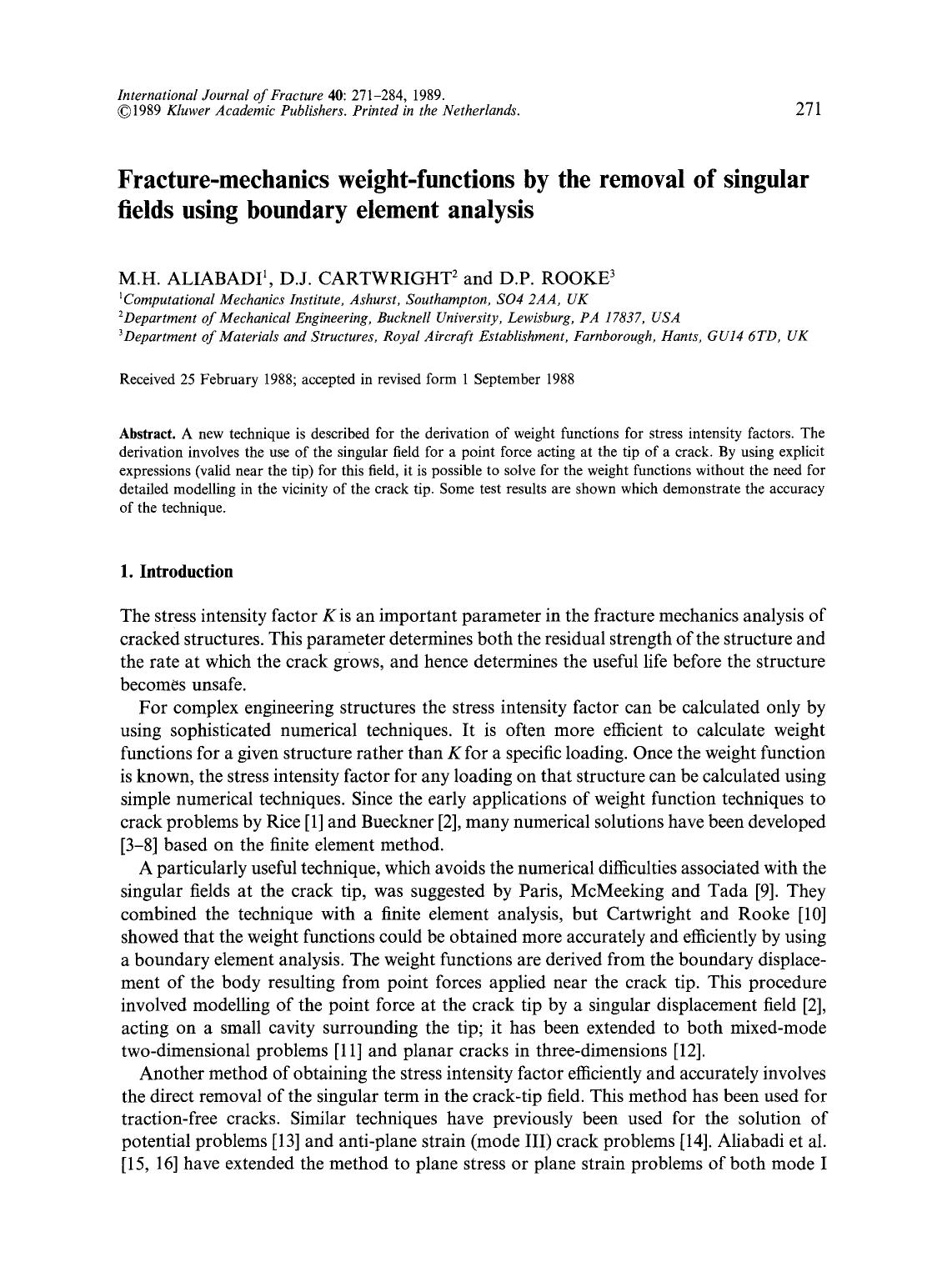 Fracture-mechanics weight-functions by the removal of singular fields using boundary element analysis by Unknown