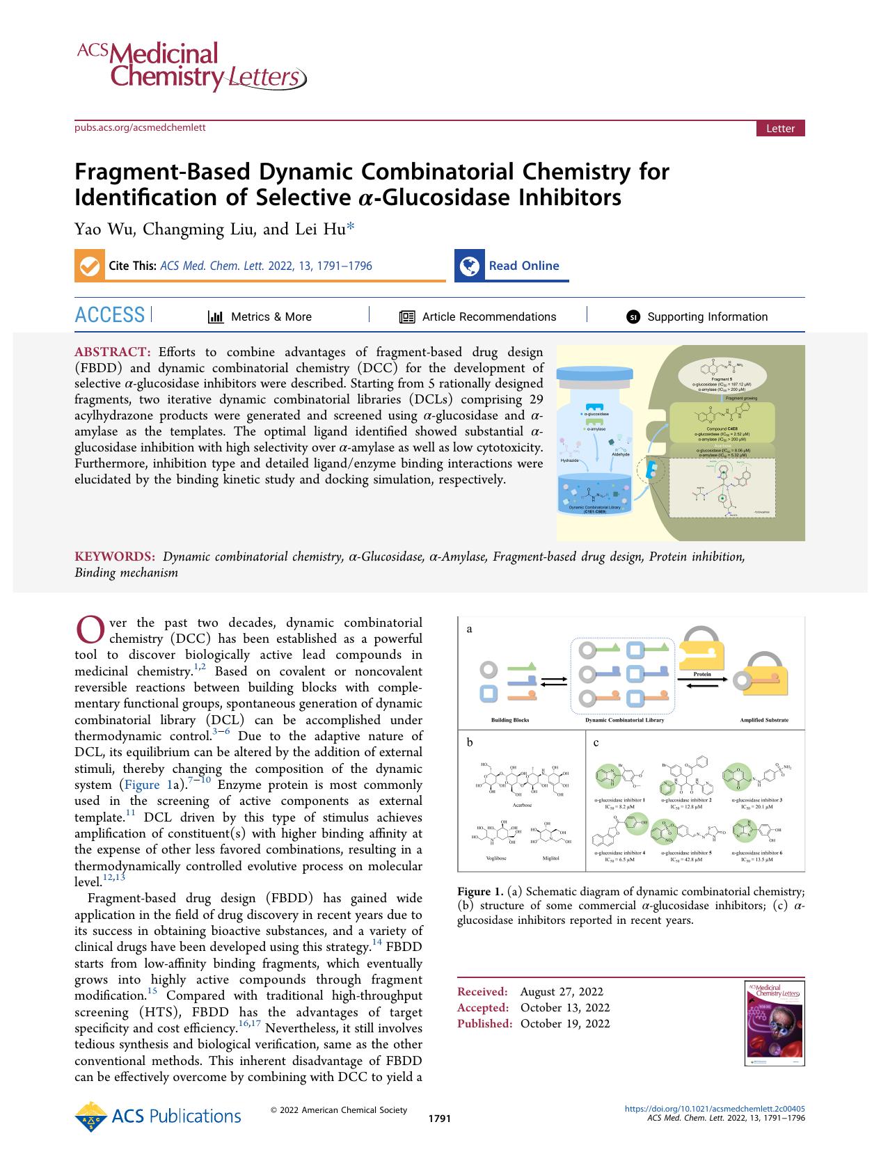Fragment-Based Dynamic Combinatorial Chemistry for Identification of Selective Î±-Glucosidase Inhibitors by Yao Wu Changming Liu and Lei Hu