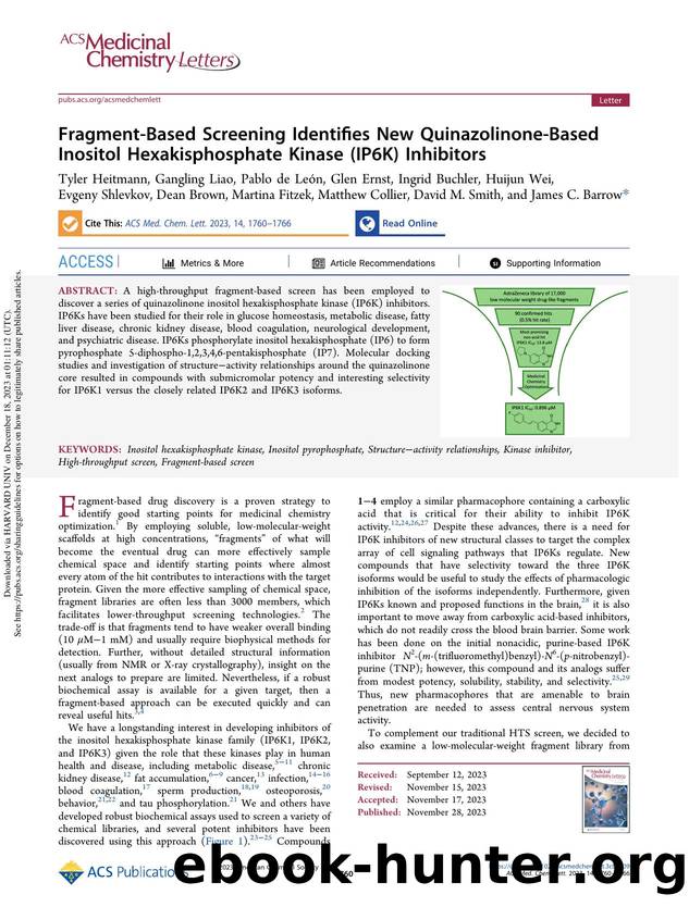 Fragment-Based Screening Identifies New Quinazolinone-Based Inositol Hexakisphosphate Kinase (IP6K) Inhibitors by unknow