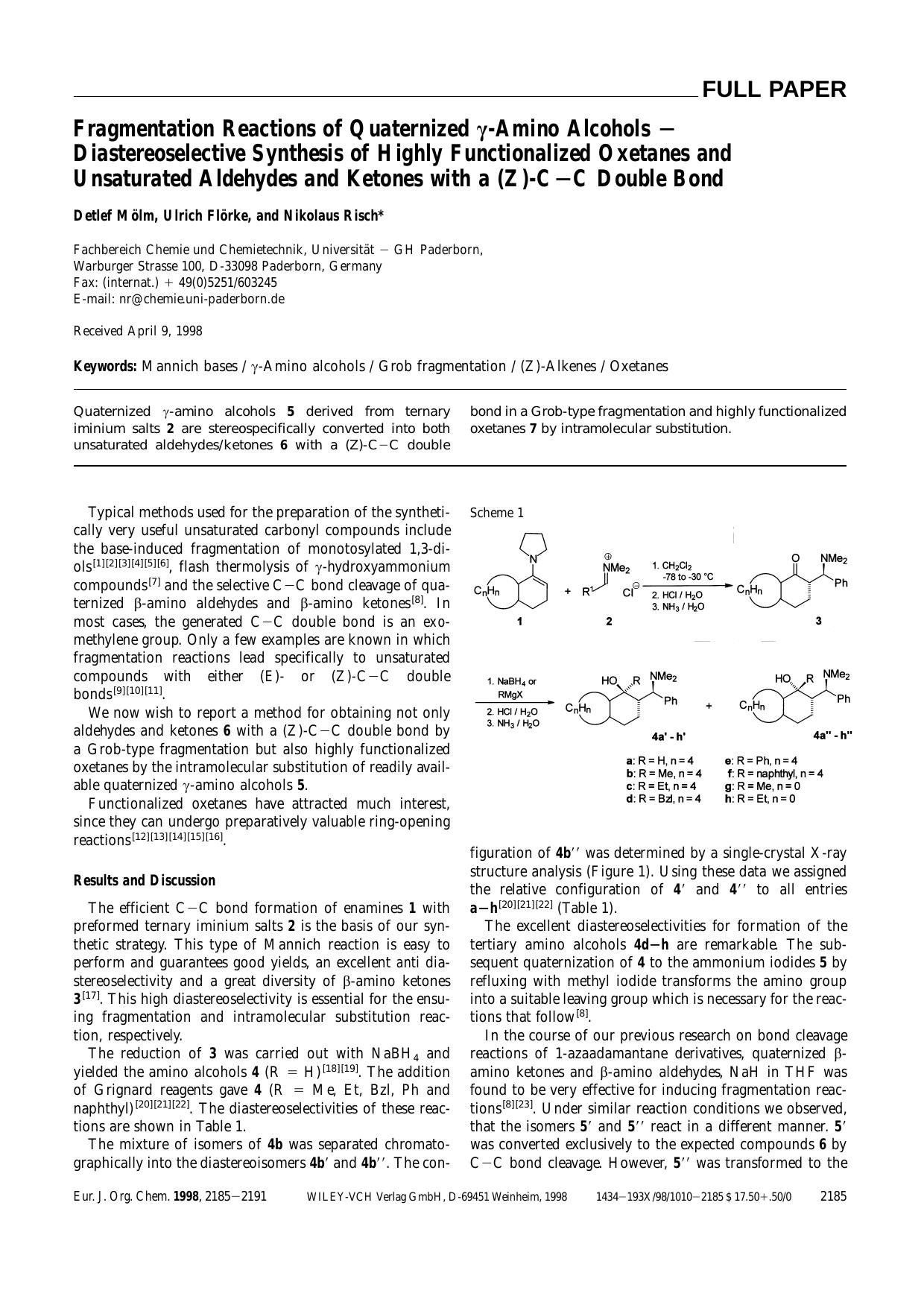 Fragmentation Reactions of Quaternized [ggr]-Amino Alcohols - Diastereoselective Synthesis of Highly Functionalized Oxetanes and Unsaturated Aldehydes and Ketones with a (Z)-C[bond]C Double Bond by Unknown
