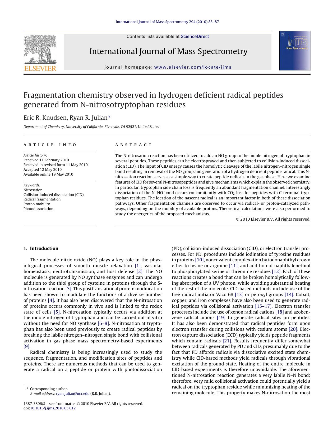 Fragmentation chemistry observed in hydrogen deficient radical peptides generated from N-nitrosotryptophan residues by Eric R. Knudsen