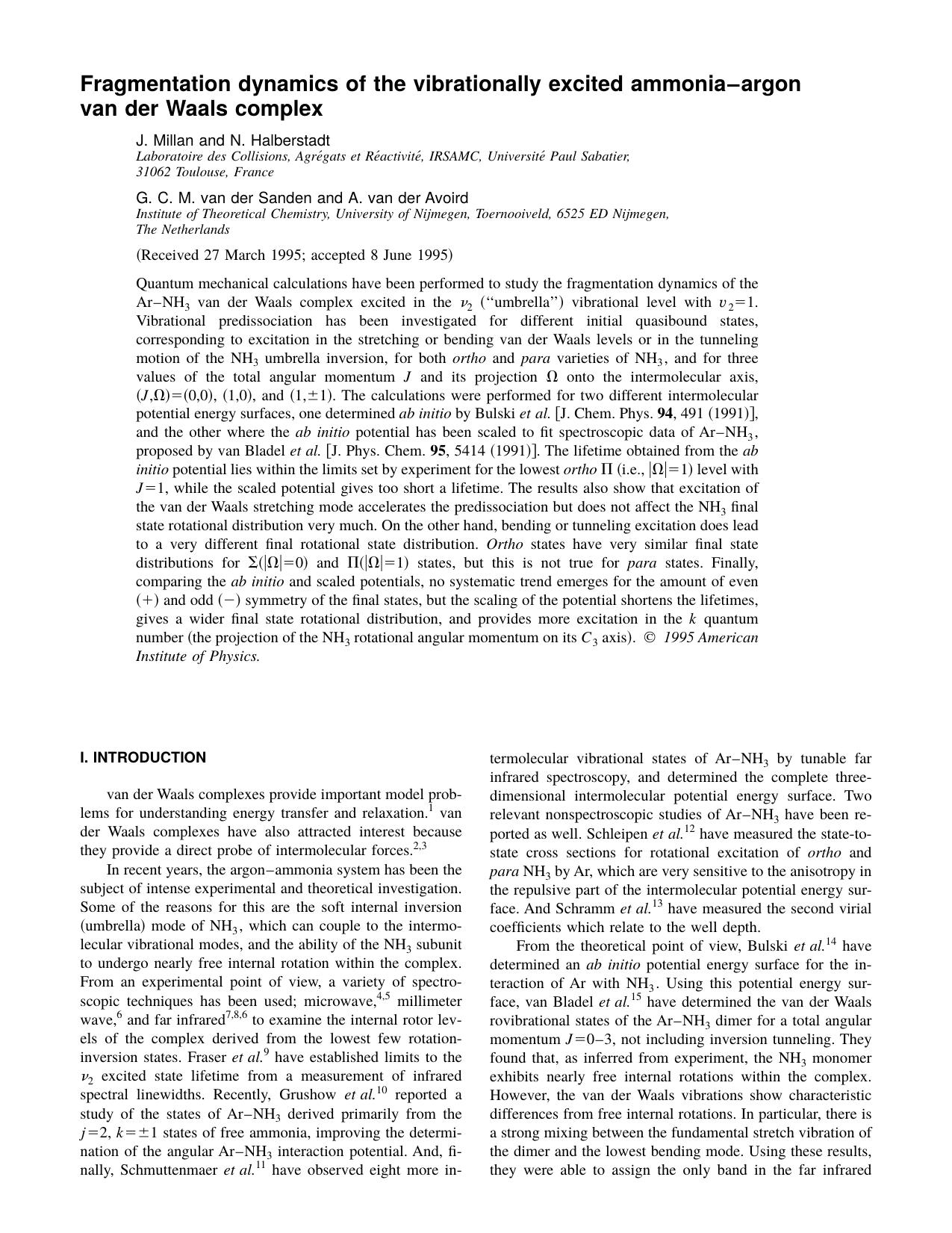 Fragmentation dynamics of the vibrationally excited ammonia-argon van der Waals complex by J. Millan and N. Halberstadt & G. C. M. van der Sanden and A. van der Avoird