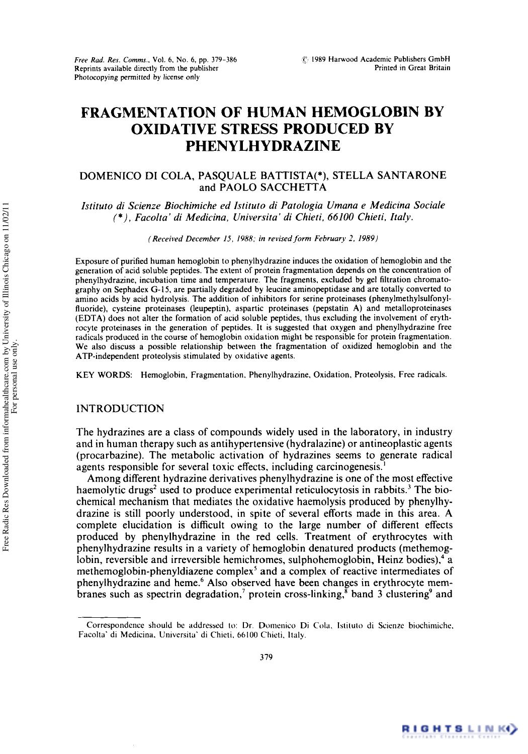 Fragmentation of Human Hemoglobin by Oxidative Stress Produced by by Domenico DI Cola1 Pasquale Battista2 Stella Santarone1 & Paolo Sacchetta1