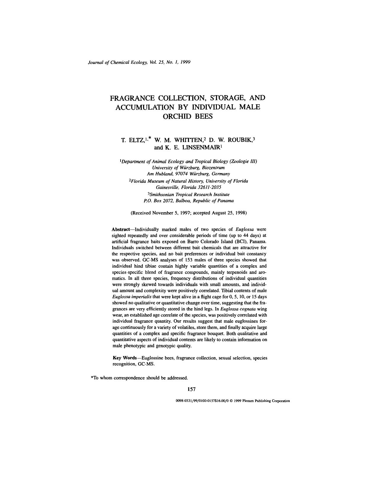 Fragrance Collection, Storage, and Accumulation by Individual Male Orchid Bees by Unknown