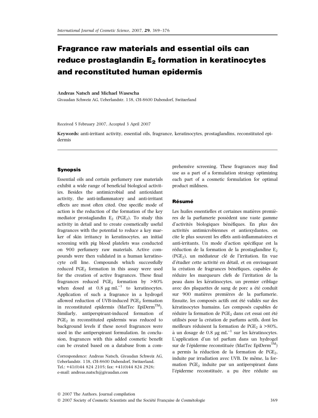Fragrance raw materials and essential oils can reduce prostaglandin E2 formation in keratinocytes and reconstituted human epidermis by Unknown