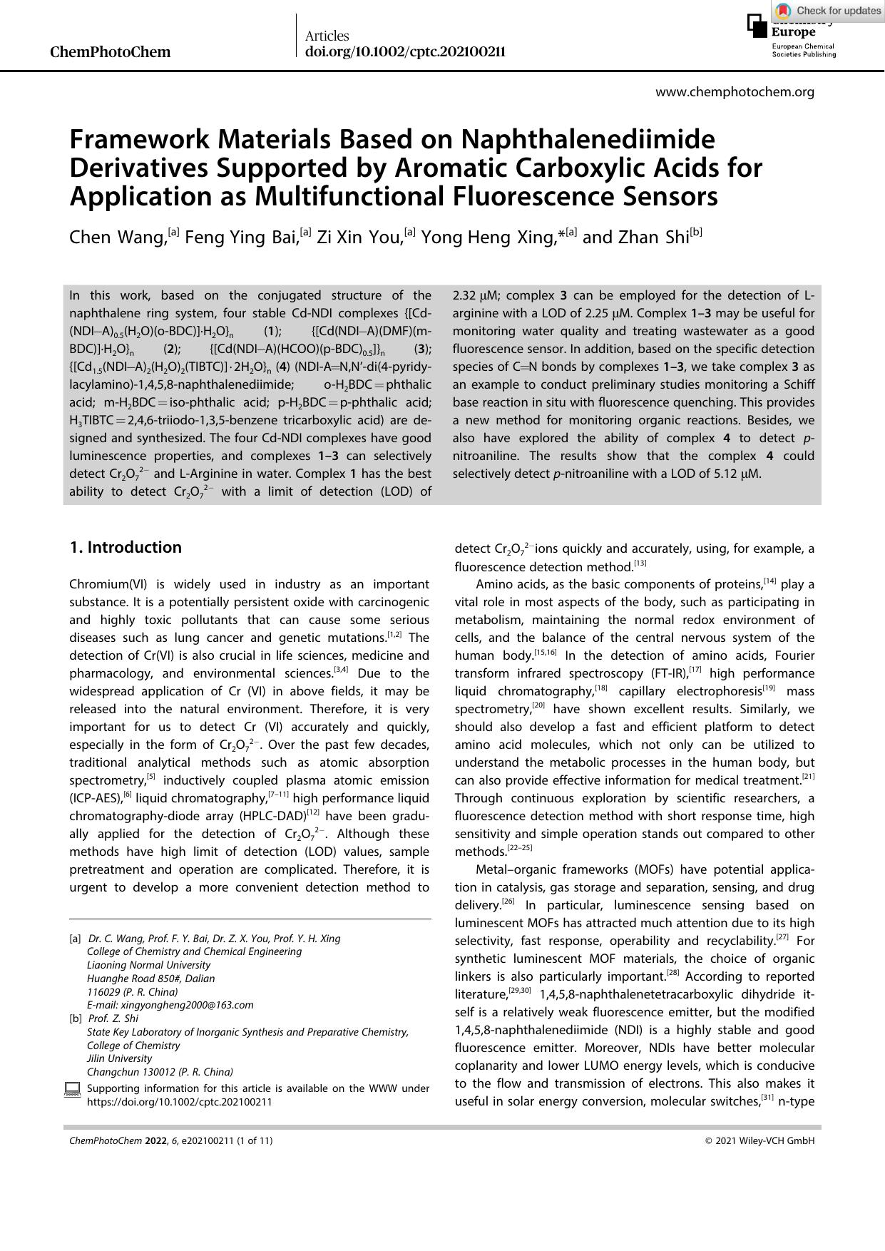 Framework Materials Based on Naphthalenediimide Derivatives Supported by Aromatic Carboxylic Acids for Application as Multifunctional Fluorescence Sensors by Unknown