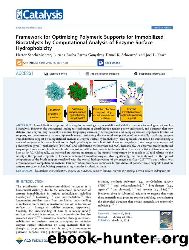 Framework for Optimizing Polymeric Supports for Immobilized Biocatalysts by Computational Analysis of Enzyme Surface Hydrophobicity by Héctor Sánchez-Morán Luciana Rocha Barros Gonçalves Daniel K. Schwartz and Joel L. Kaar