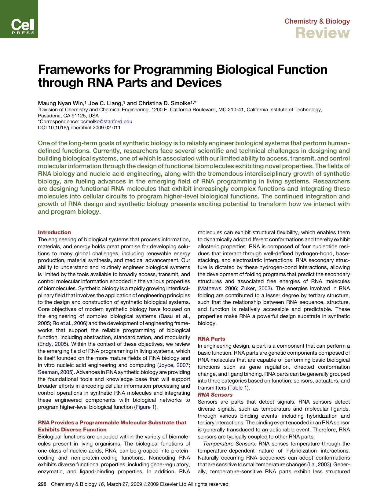 Frameworks for Programming Biological Function through RNA Parts and Devices by Maung Nyan Win; Joe C. Liang; Christina D. Smolke