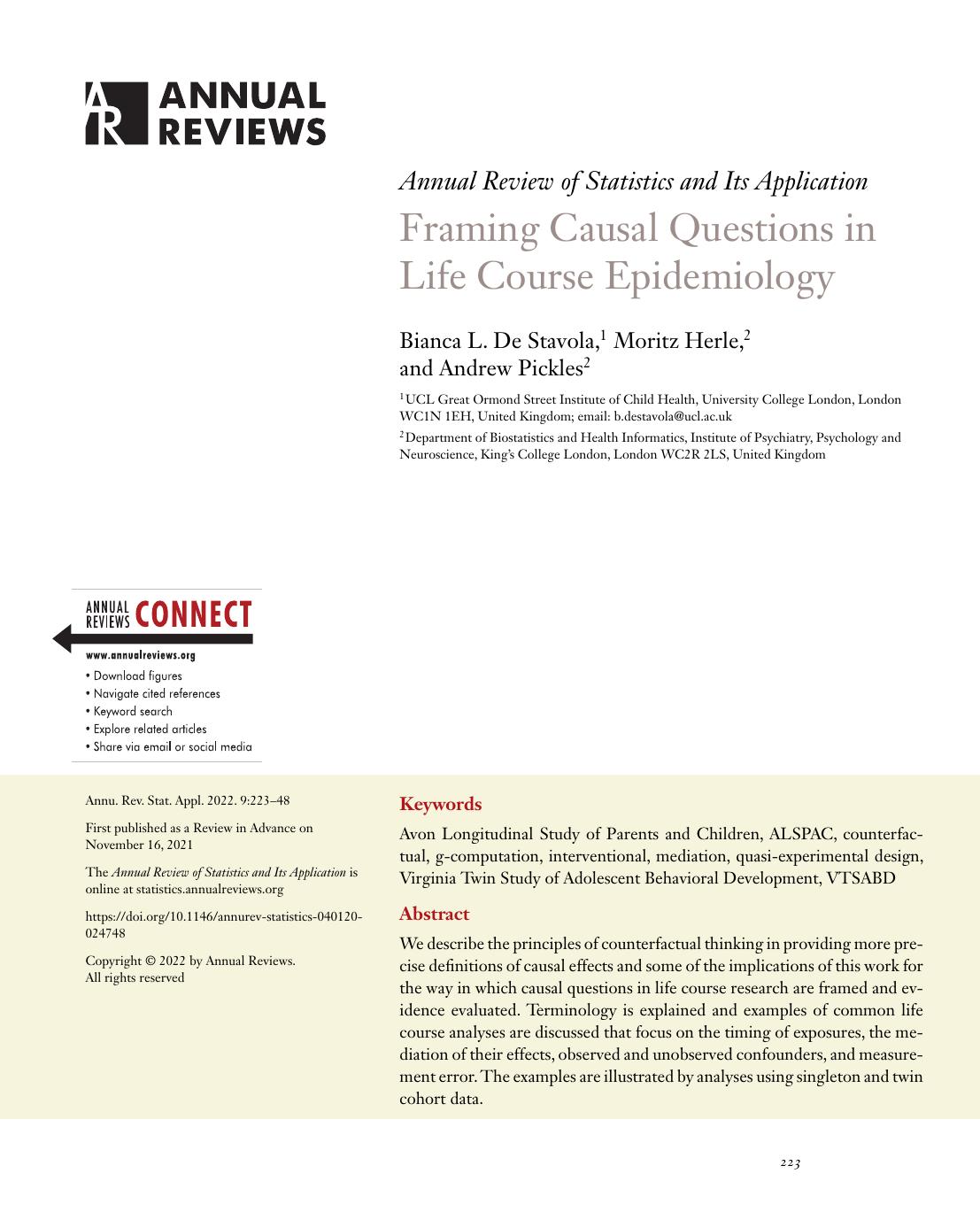 Framing Causal Questions in Life Course Epidemiology by Bianca L. De Stavola Moritz Herle Andrew Pickles