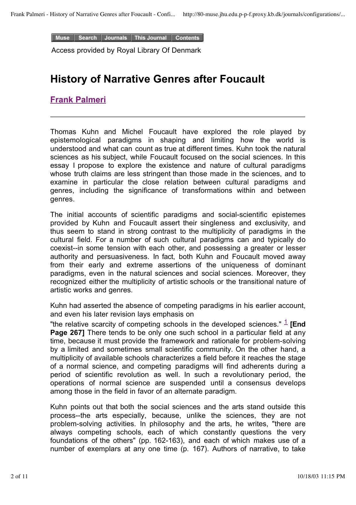 Frank Palmeri History of Narrative Genres after Foucault by Unknown