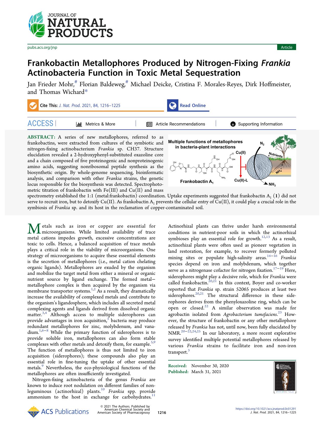 Frankobactin Metallophores Produced by Nitrogen-Fixing Frankia Actinobacteria Function in Toxic Metal Sequestration by unknow