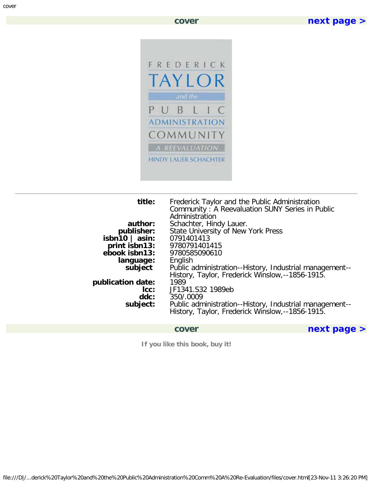 Frederick Taylor and the Public Administration Community: A Re-Evaluation by Hindy Lauer Schachter