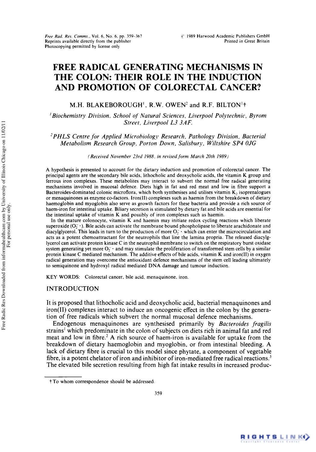 Free Radical Generating Mechanisms in the Colon: Their Role in the Induction and Promotion of Colorectal Cancer? by M. H. Blakeborough1 R. W. Owen2 & R. F. Bilton1†