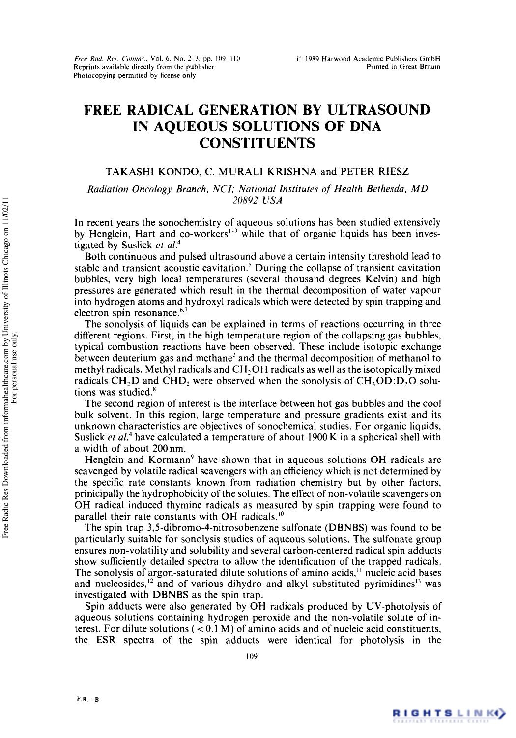 Free Radical Generation by Ultrasound in Aqueous Solutions of DNA Constituents by Takashi Kondo1 C. Murali Krishna1 & Peter Riesz1