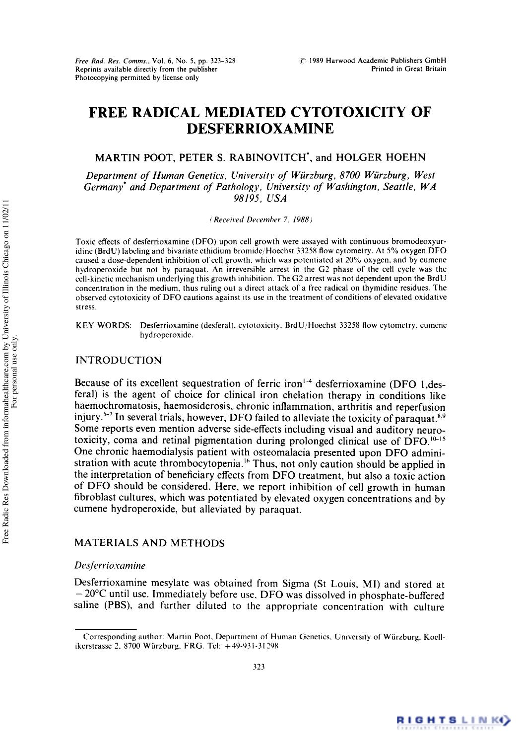Free Radical Mediated Cytotoxicity of Desferrioxamine by Martin Poot1 Peter S. Rabinovitch1 & Holger Hoehn2