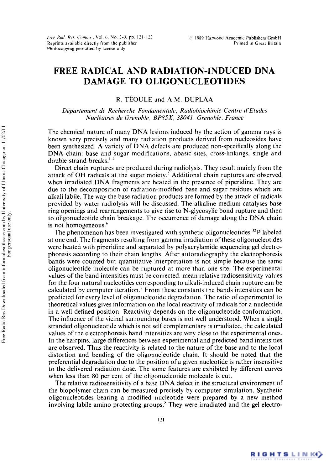 Free Radical and Radiation-Induced DNA Damage to Oligonucleotides by R. Teoule1 & A. M. Duplaa1