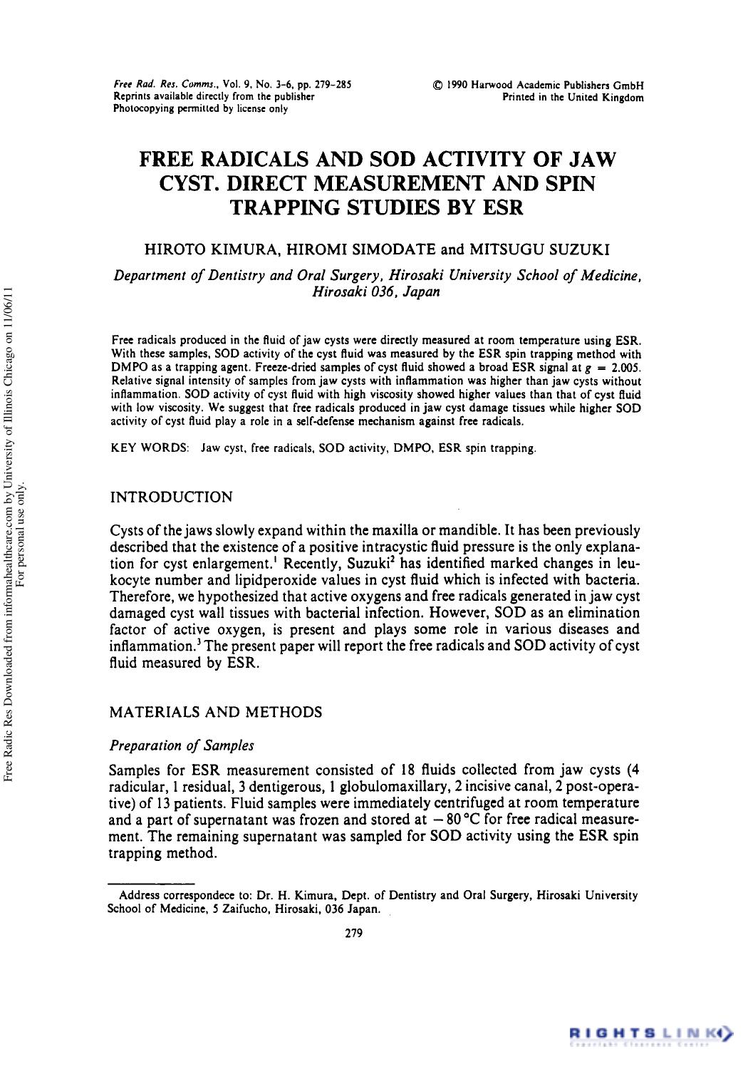 Free Radicals and Sod Activity of Jaw Cyst. Direct Measurement and Spin Trapping Studies by Esr by Hiroto Kimura1† Hiromi Simodate1 & Mitsugu Suzuki1