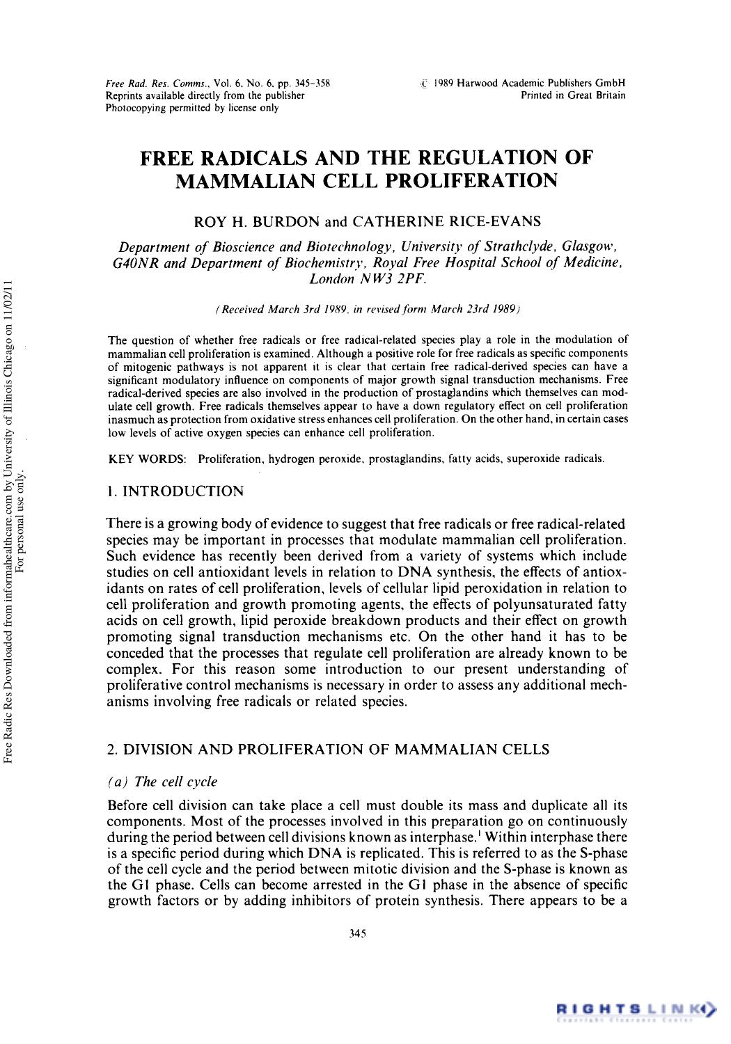 Free Radicals and the Regulation of Mammalian Cell Proliferation by Roy H. Burdo1 & Catherine Rice-Evans1 2