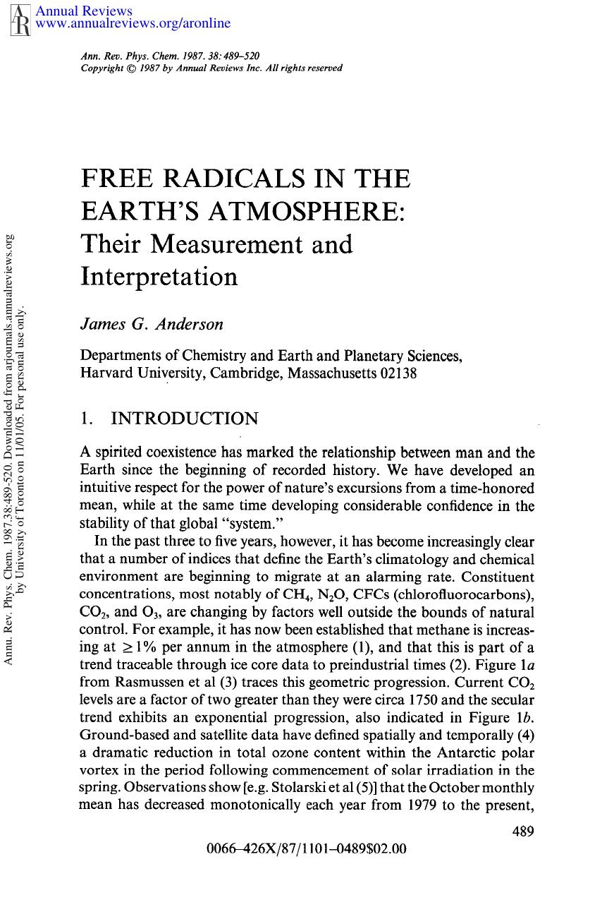 Free Radicals in the Earth's Atmosphere: Their Measurement and Interpretation by J G Anderson