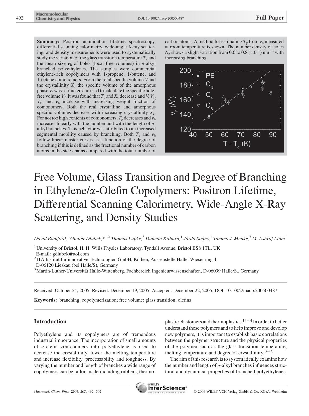 Free Volume, Glass Transition and Degree of Branching in Ethylene[alpha]-Olefin Copolymers: Positron Lifetime, Differential Scanning Calorimetry, Wide-Angle X-Ray Scattering, and Density Studies by Unknown