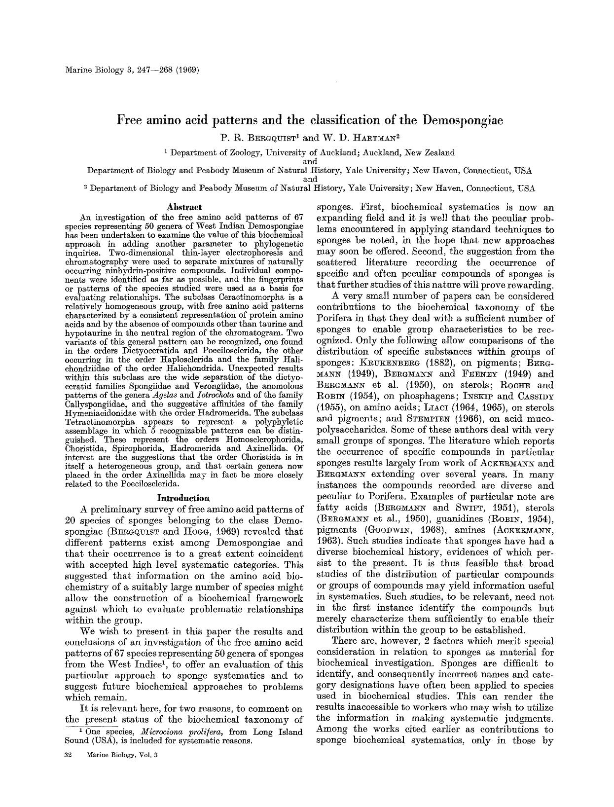 Free amino acid patterns and the classification of the Demospongiae by Unknown