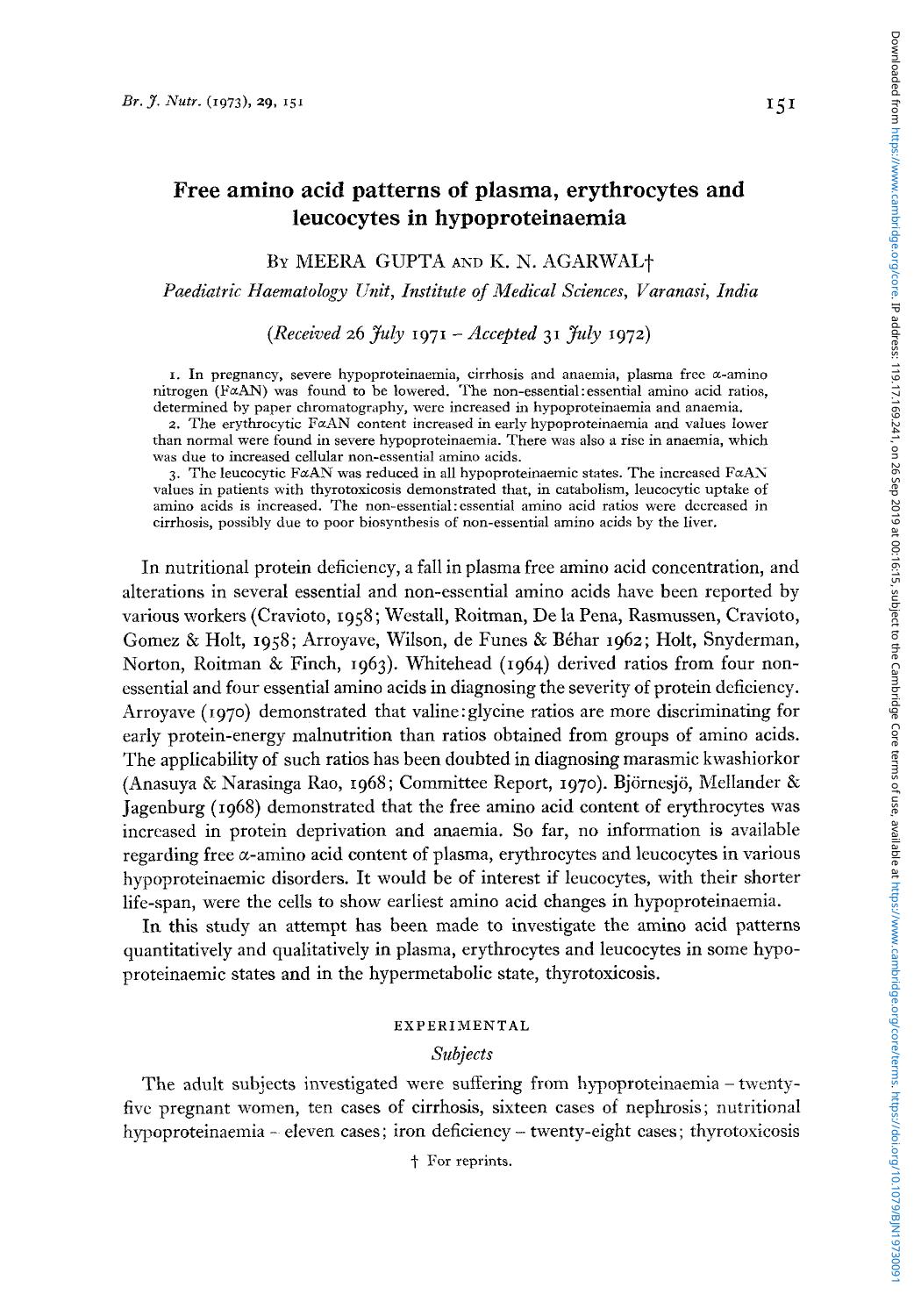 Free amino acid patterns of plasma, erythrocytes and leucocytes in hypoproteinaemia by Meera Gupta & K. N. Agarwal