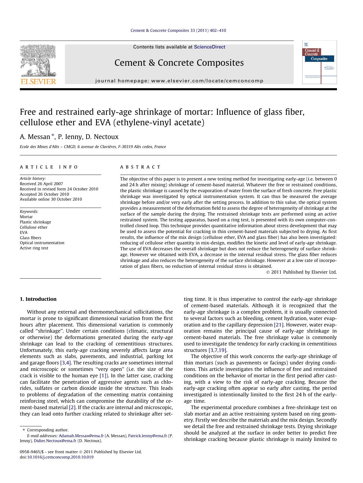 Free and restrained early-age shrinkage of mortar: Influence of glass fiber, cellulose ether and EVA (ethylene-vinyl acetate) by A. Messan & P. Ienny & D. Nectoux