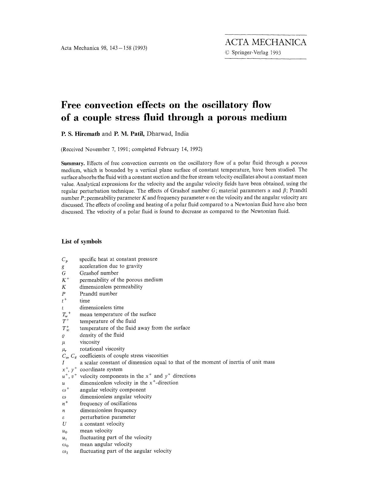 Free convection effects on the oscillatory flow of a couple stress fluid through a porous medium by Unknown