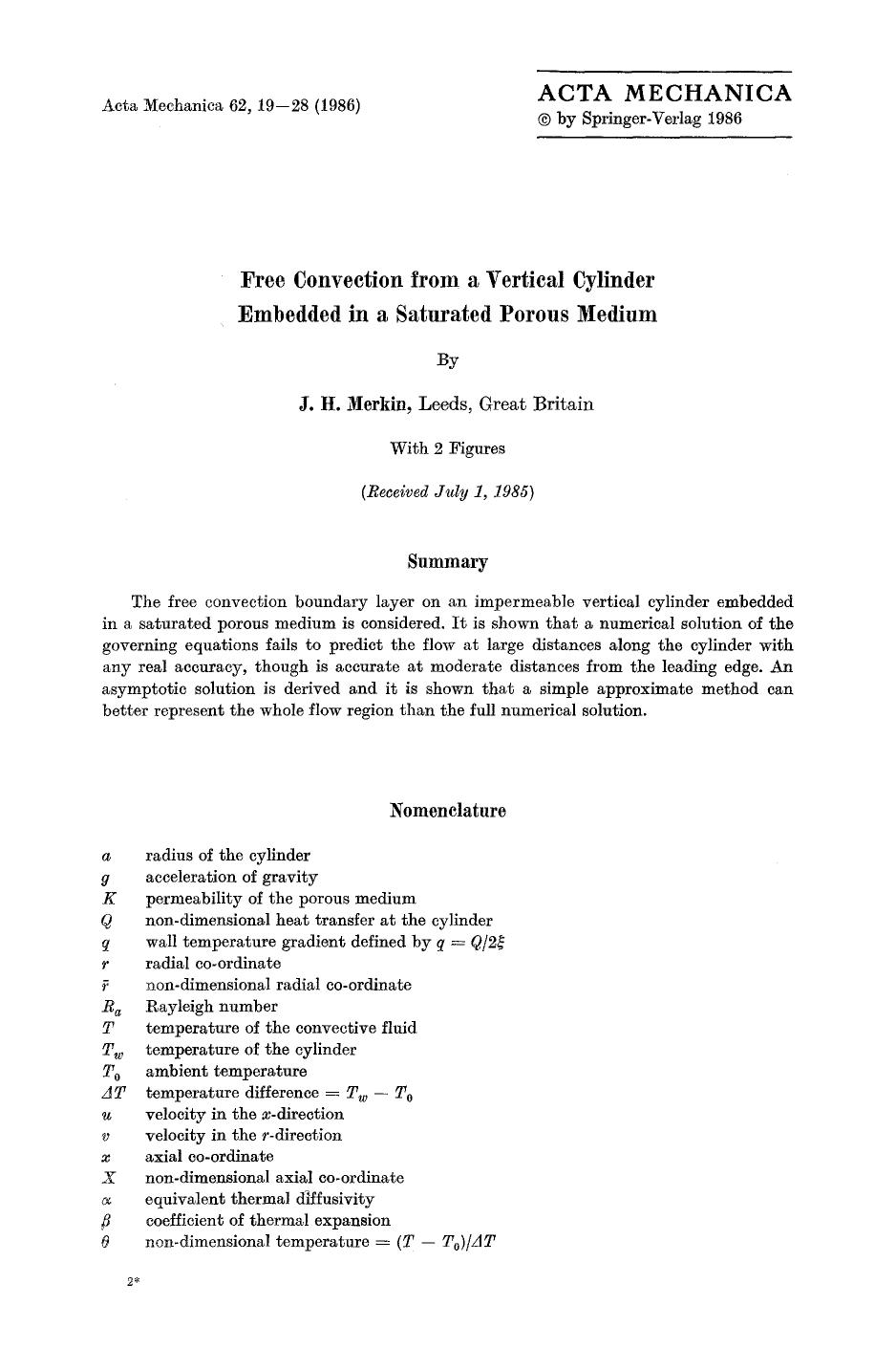 Free convection from a vertical cylinder embedded in a saturated porous medium by Unknown