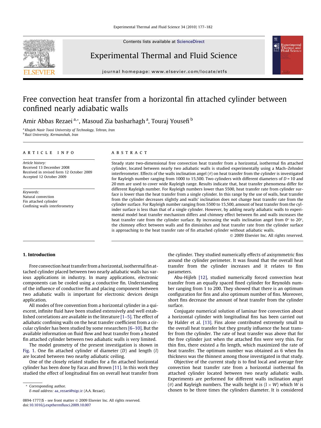 Free convection heat transfer from a horizontal fin attached cylinder between confined nearly adiabatic walls by Amir Abbas Rezaei; Masoud Zia basharhagh; Touraj Yousefi