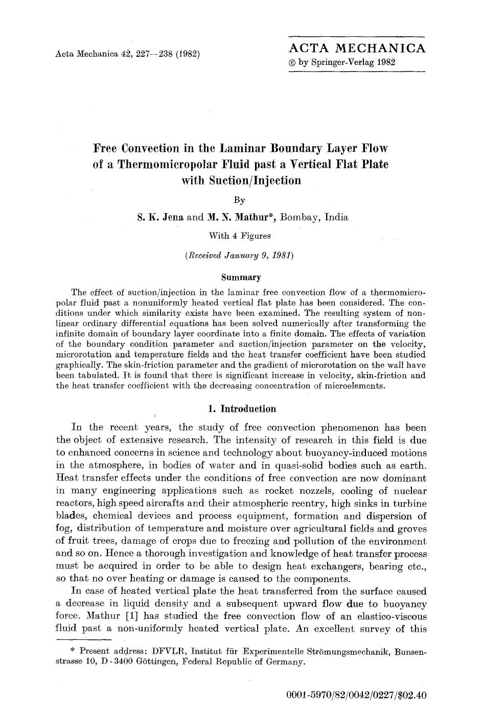 Free convection in the laminar boundary layer flow of a thermomicropolar fluid past a vertical flat plate with suctioninjection by Unknown