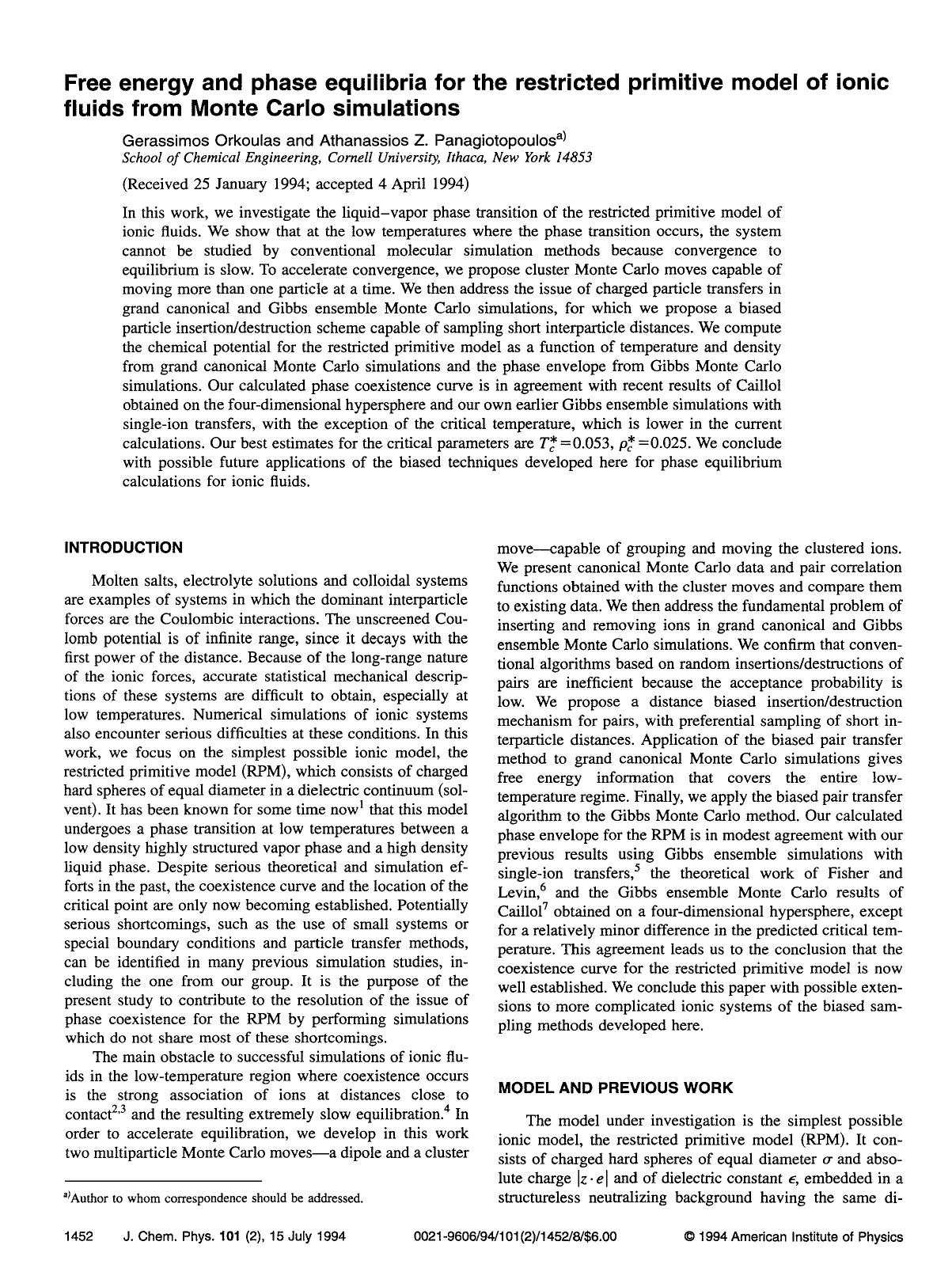 Free energy and phase equilibria for the restricted primitive model of ionic fluids from Monte Carlo simulations by Gerassimos Orkoulas; Athanassios Z. Panagiotopoulos