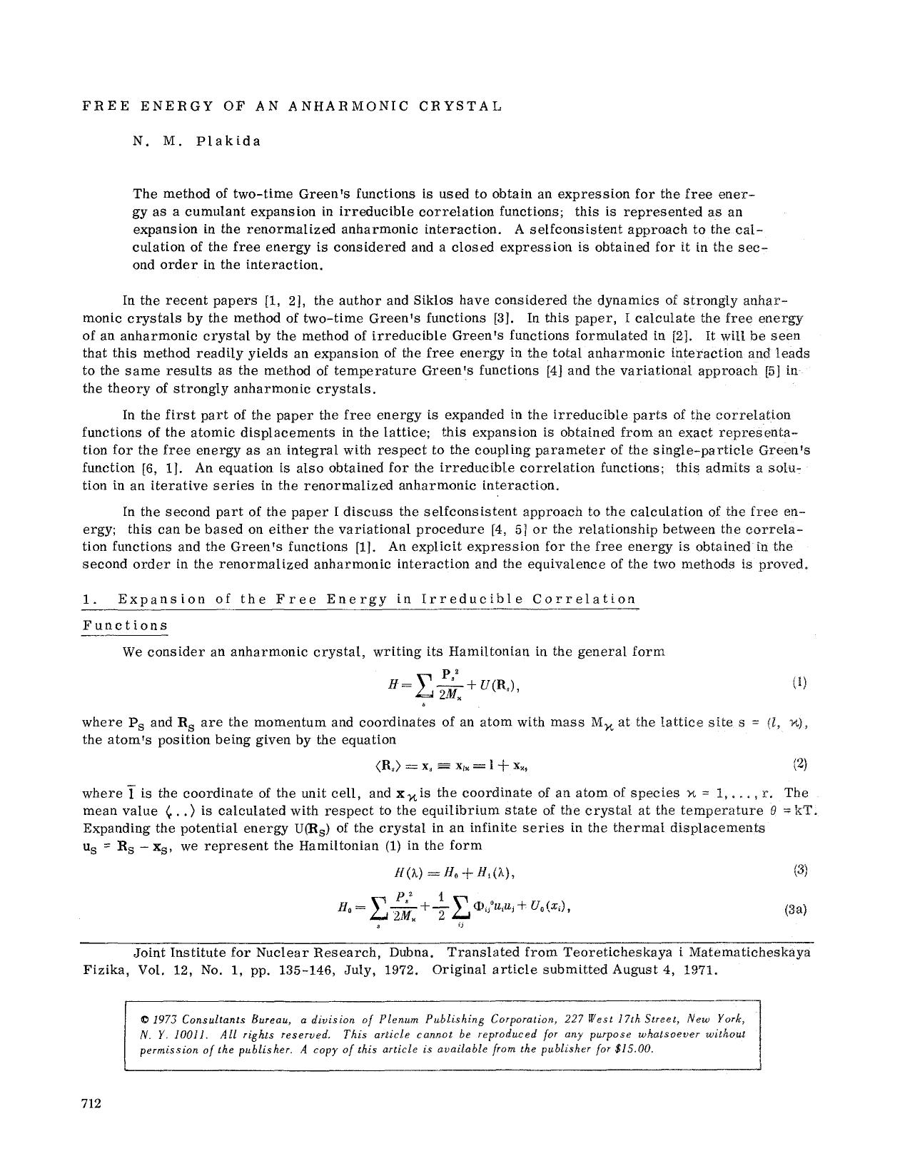 Free energy of an anharmonic crystal by Unknown
