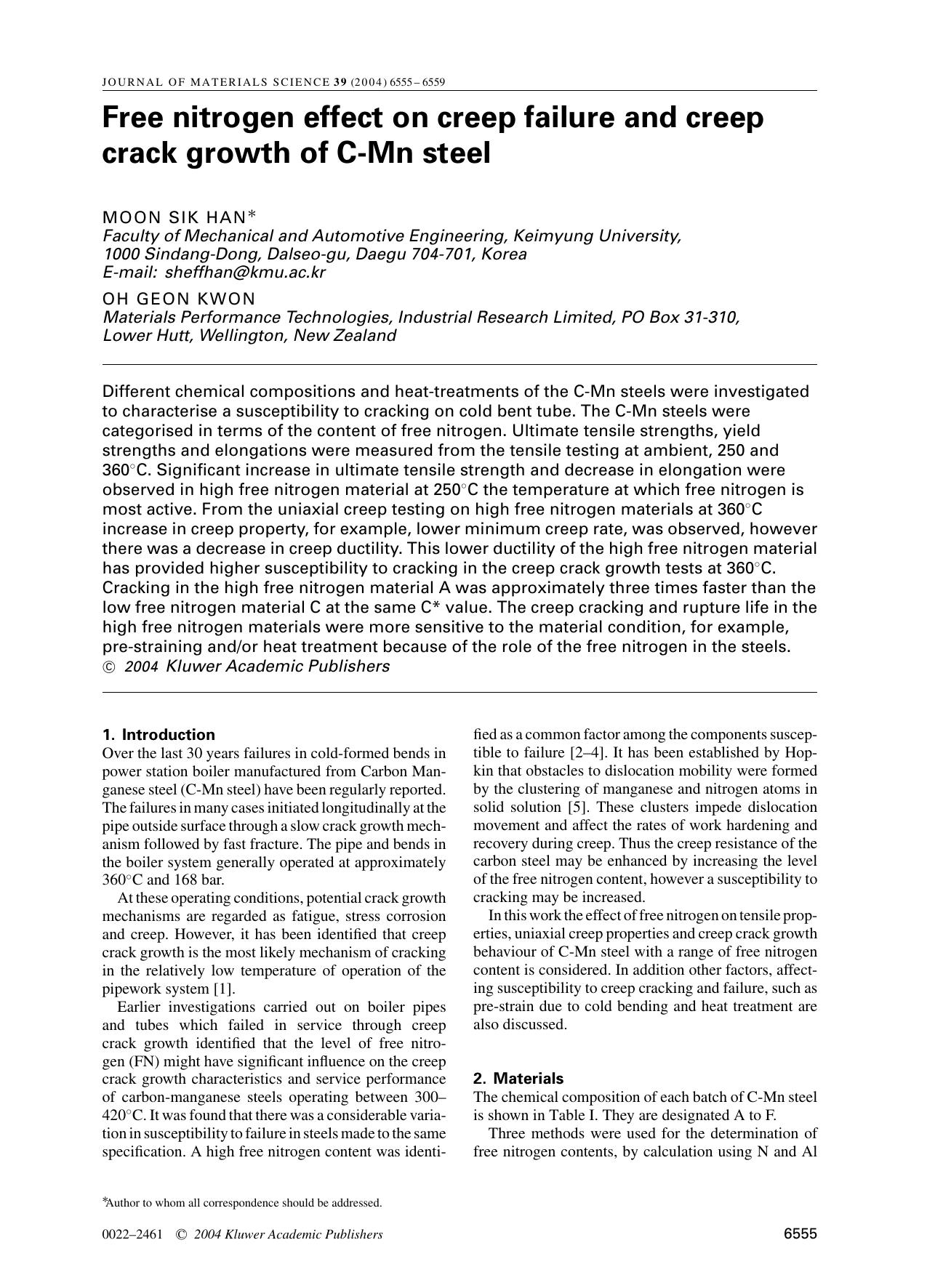Free nitrogen effect on creep failure and creep crack growth of C-Mn steel by Unknown