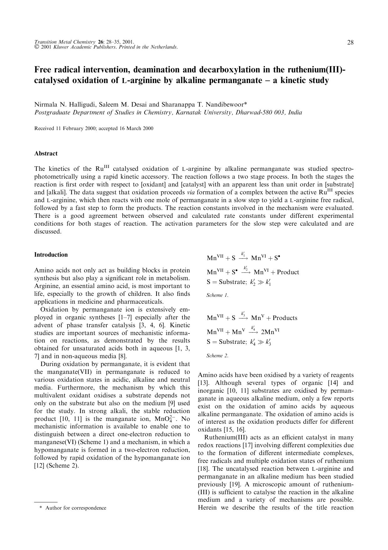 Free radical intervention, deamination and decarboxylation in the ruthenium(III)-catalysed oxidation of L-arginine by alkaline permanganate – a kinetic study by Unknown