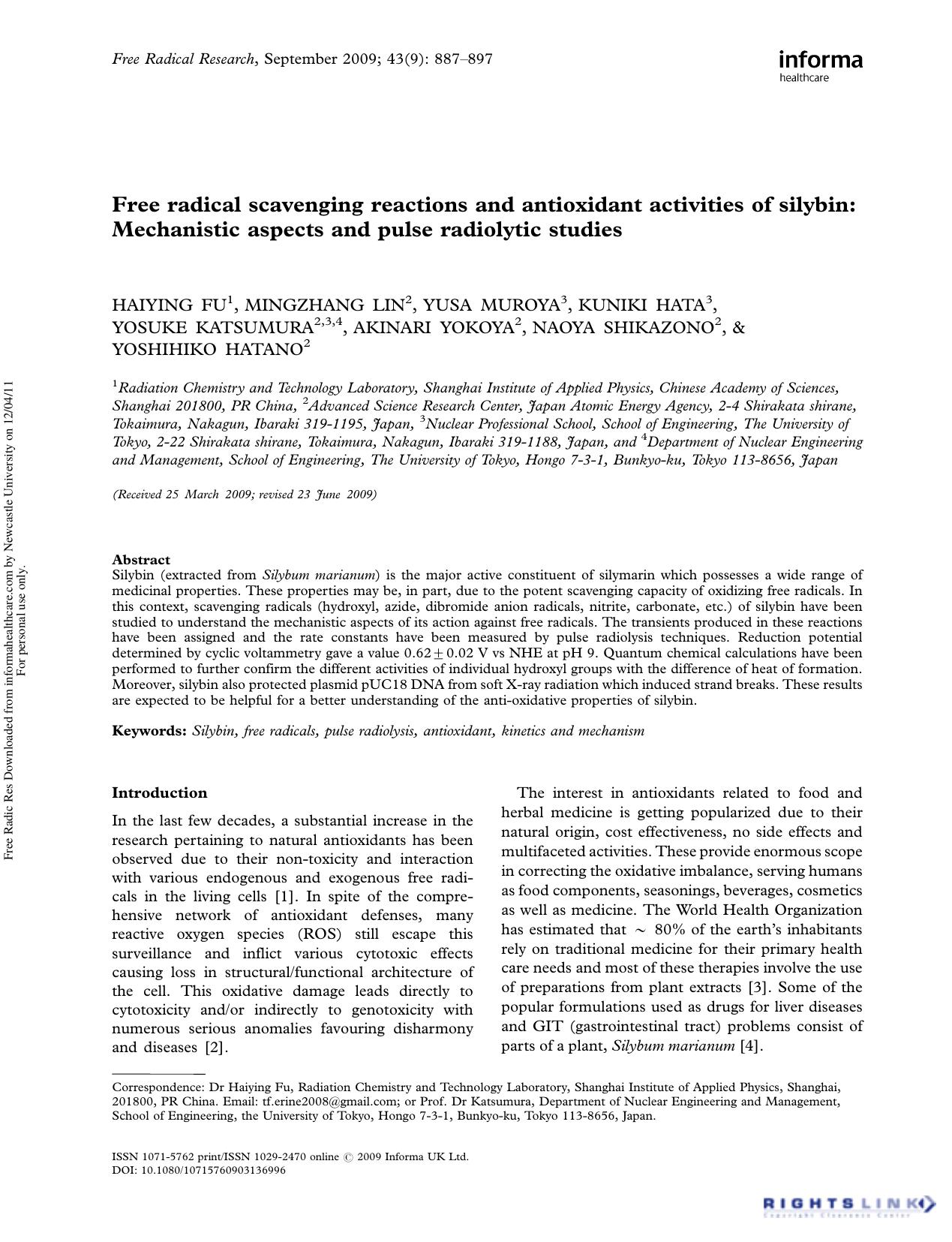 Free radical scavenging reactions and antioxidant activities of silybin: Mechanistic aspects and pulse radiolytic studies by unknow