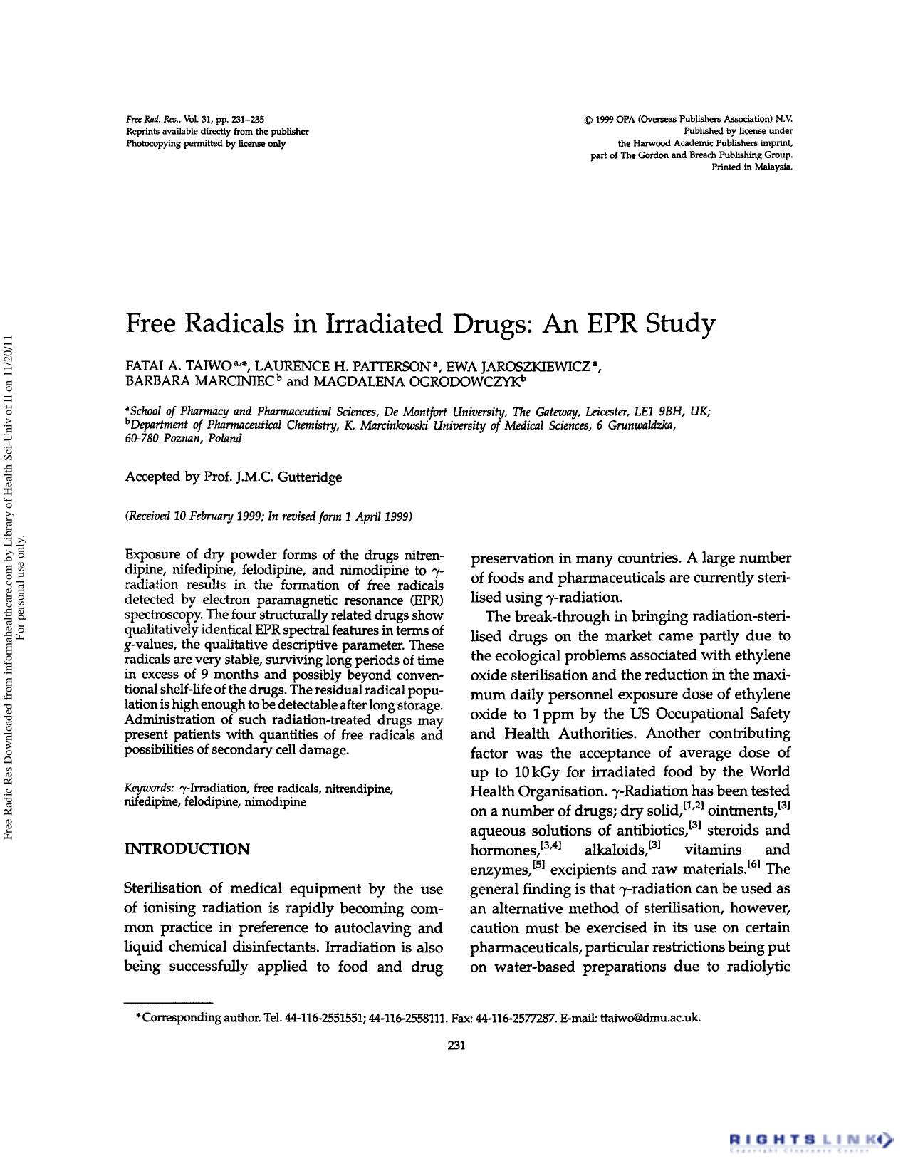 Free radicals in irradiated drugs: An EPR study by Fatai A. Taiwo Laurence H. Patterson Ewa Jaroszkiewicz Barbara Marciniec & Magdalena Ogrodowczyk
