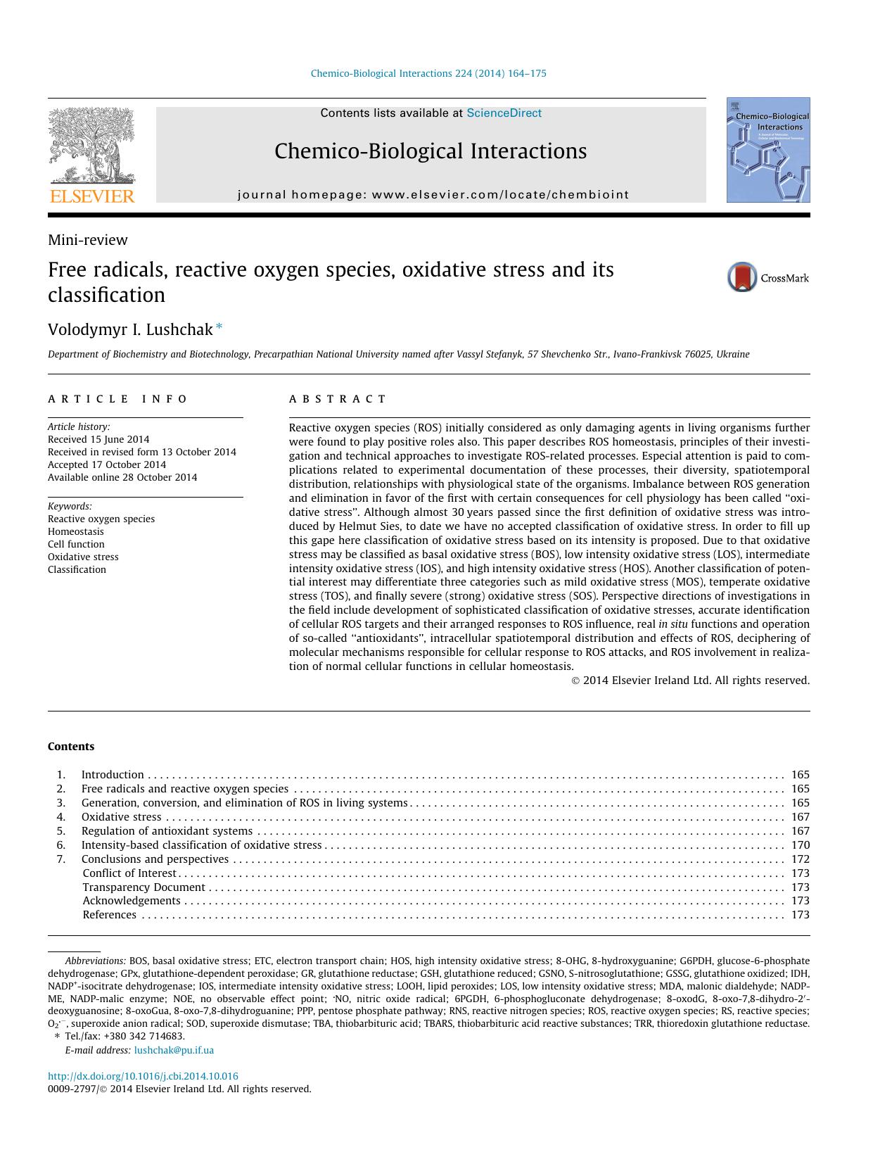 Free radicals, reactive oxygen species, oxidative stress and its classification by Volodymyr I. Lushchak