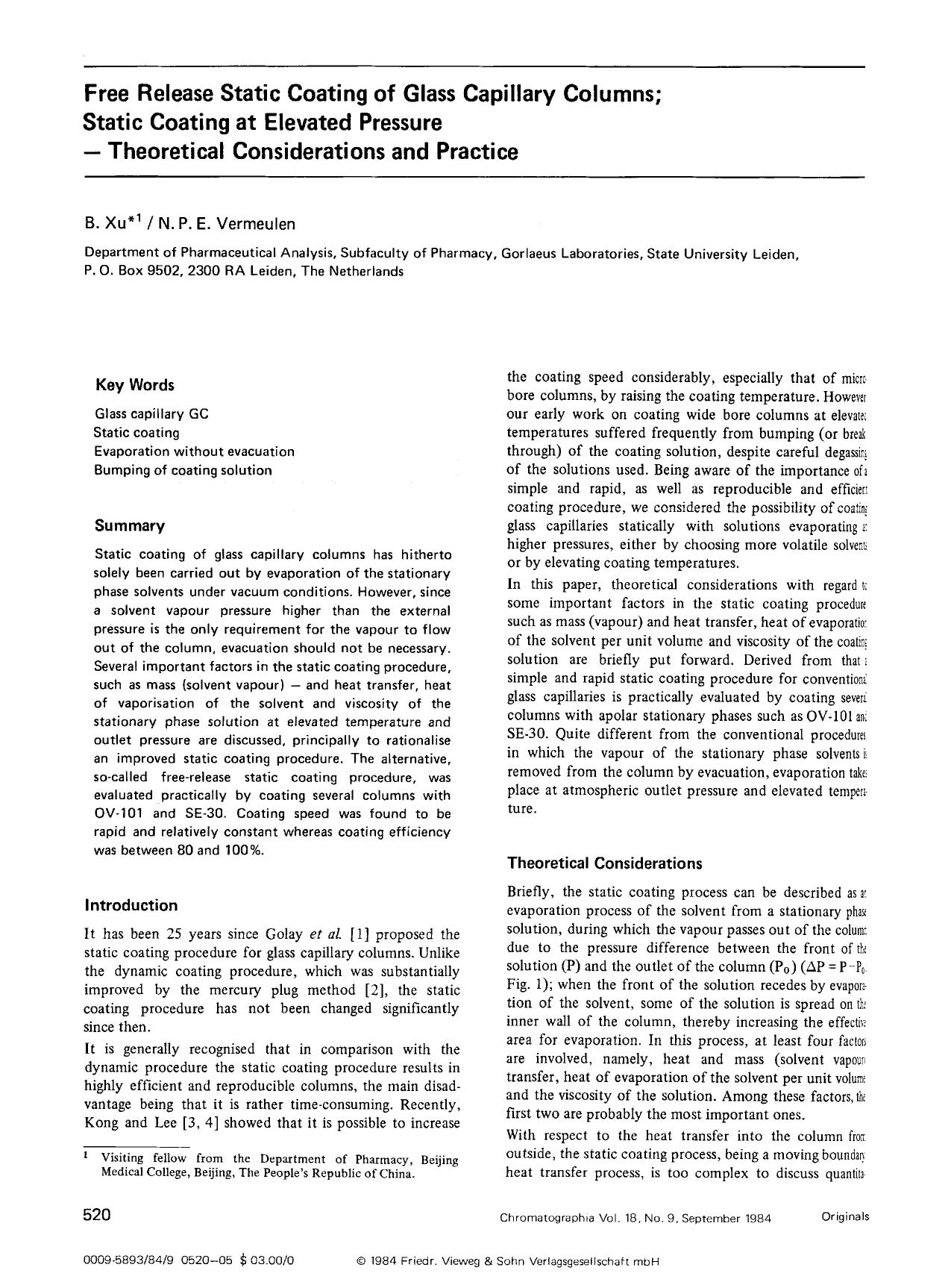 Free release static coating of glass capillary columns; Static coating at elevated pressure — Theoretical considerations and practice by Unknown