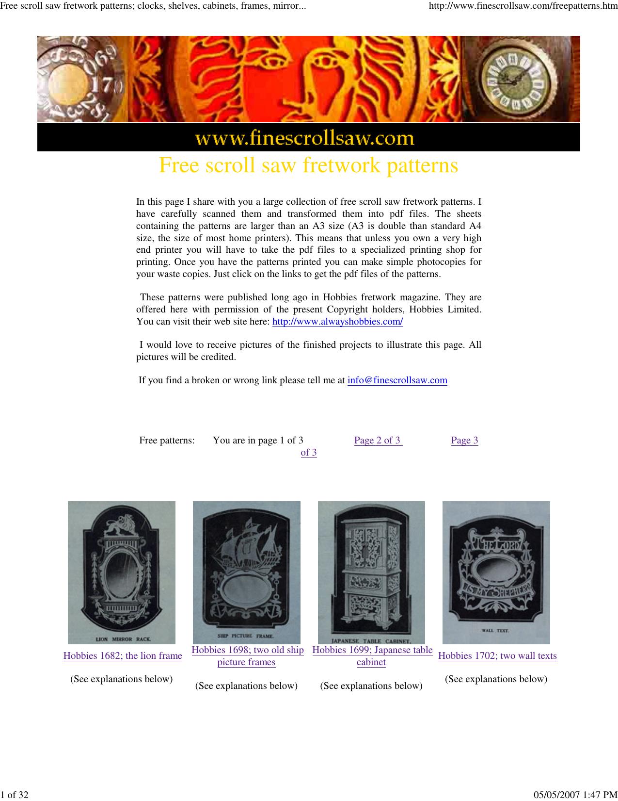 Free scroll saw fretwork patterns; clocks, shelves, cabinets,... by HP_Administrator