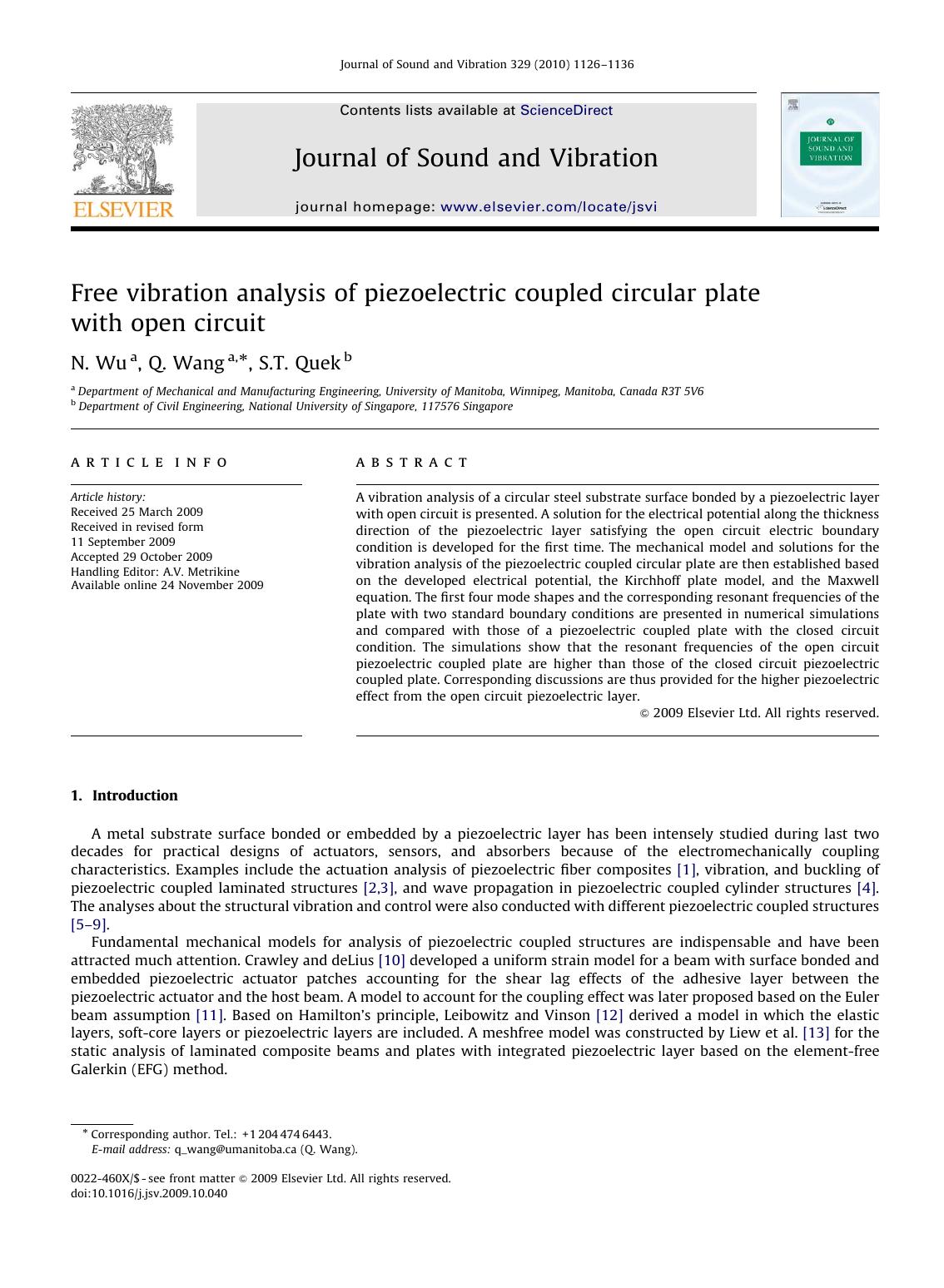 Free vibration analysis of piezoelectric coupled circular plate with open circuit by N. Wu; Q. Wang; S.T. Quek
