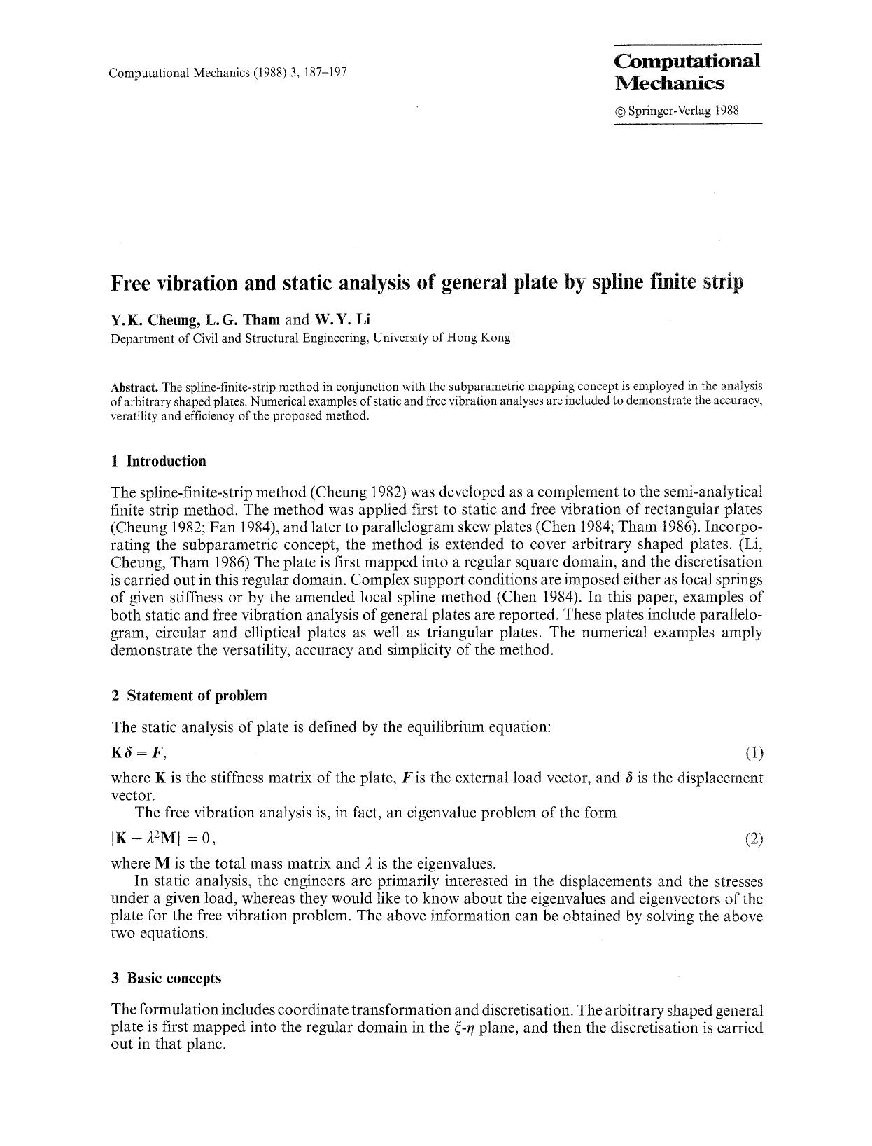 Free vibration and static analysis of general plate by spline finite strip by Unknown