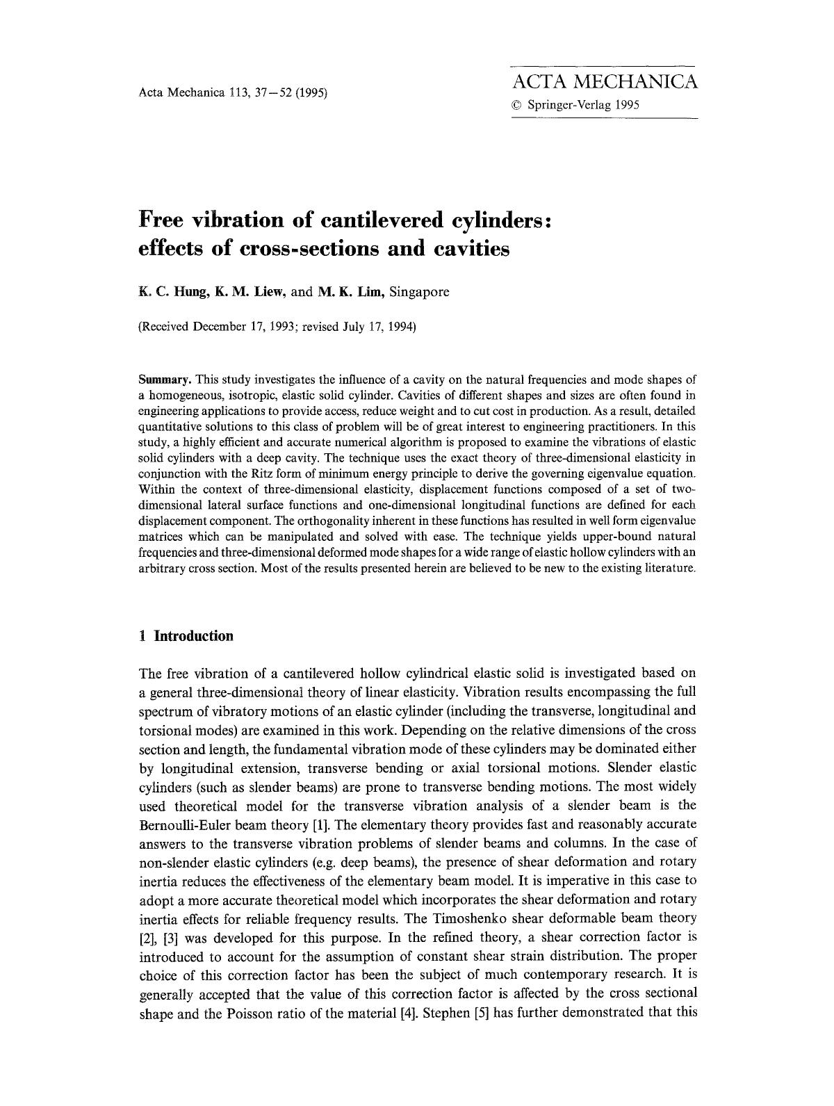 Free vibration of cantilevered cylinders: effects of cross-sections and cavities by Unknown