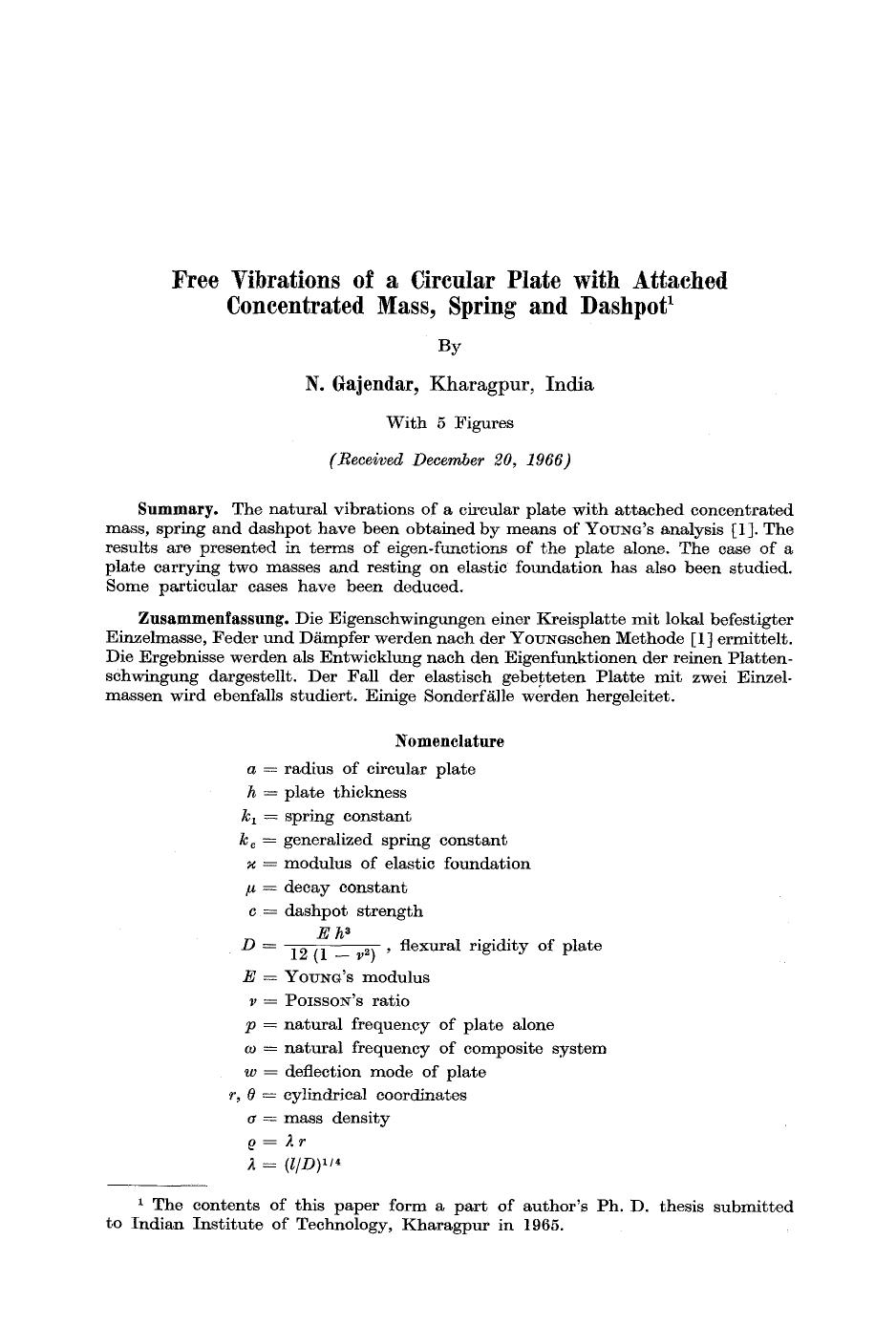 Free vibrations of a circular plate with attached concentrated mass, spring and dashpot by Unknown