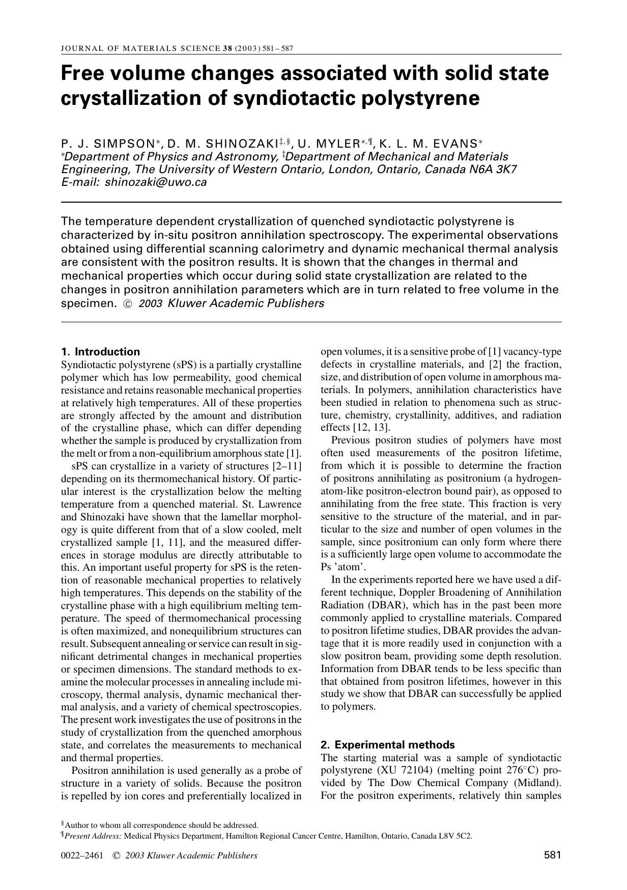 Free volume changes associated with solid state crystallization of syndiotactic polystyrene by Unknown