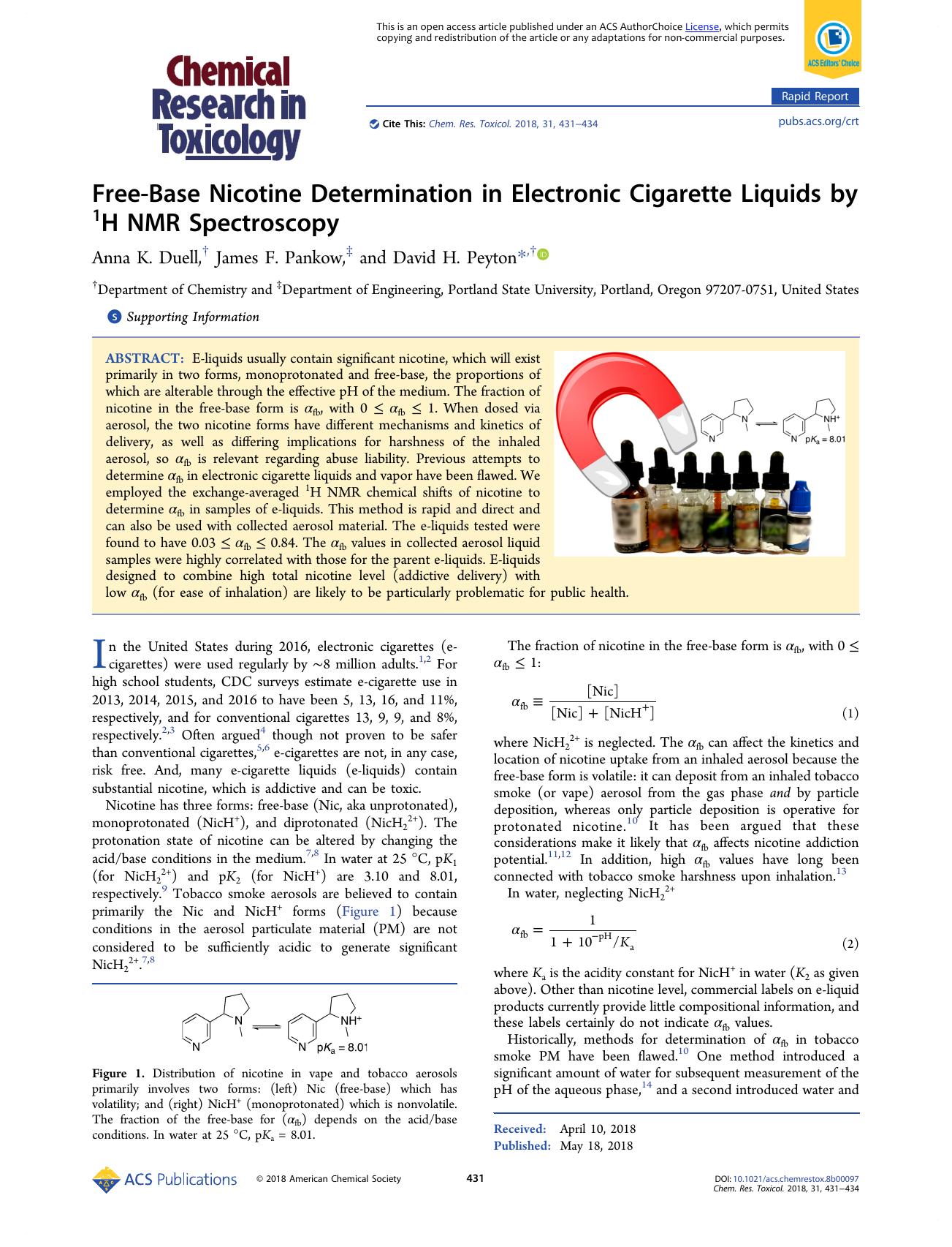 Free-Base Nicotine Determination in Electronic Cigarette Liquids by 1H NMR Spectroscopy by Anna K. Duell James F. Pankow and David H. Peyton