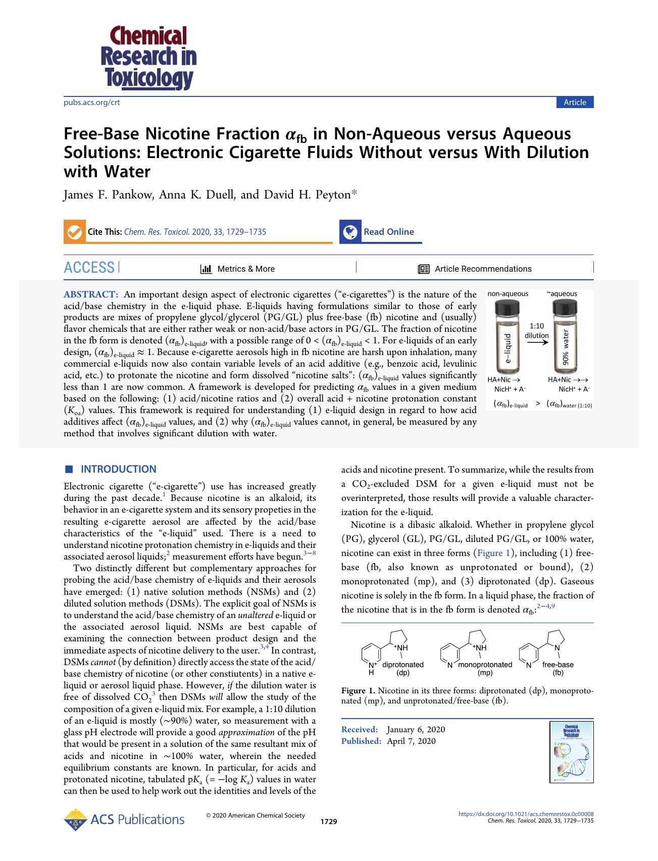 Free-Base Nicotine Fraction Î±fb in Non-Aqueous versus Aqueous Solutions: Electronic Cigarette Fluids Without versus With Dilution with Water by James F. Pankow Anna K. Duell and David H. Peyton