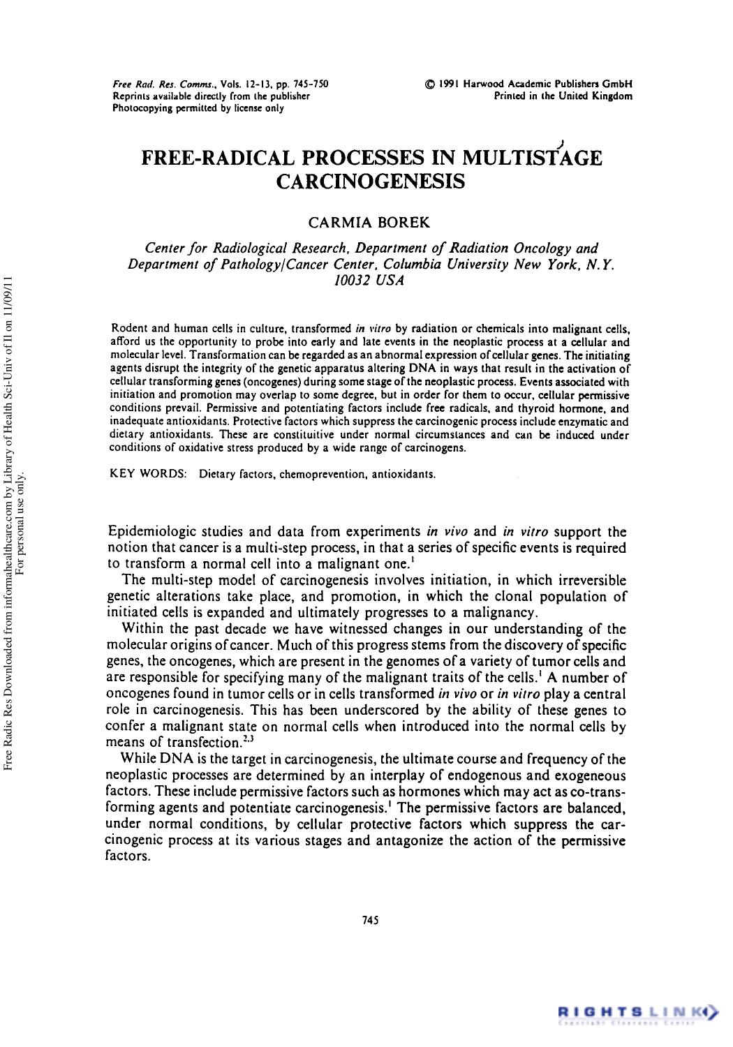 Free-Radical Processes in Multistage Carcinogenesis by Carmia Borek1 2