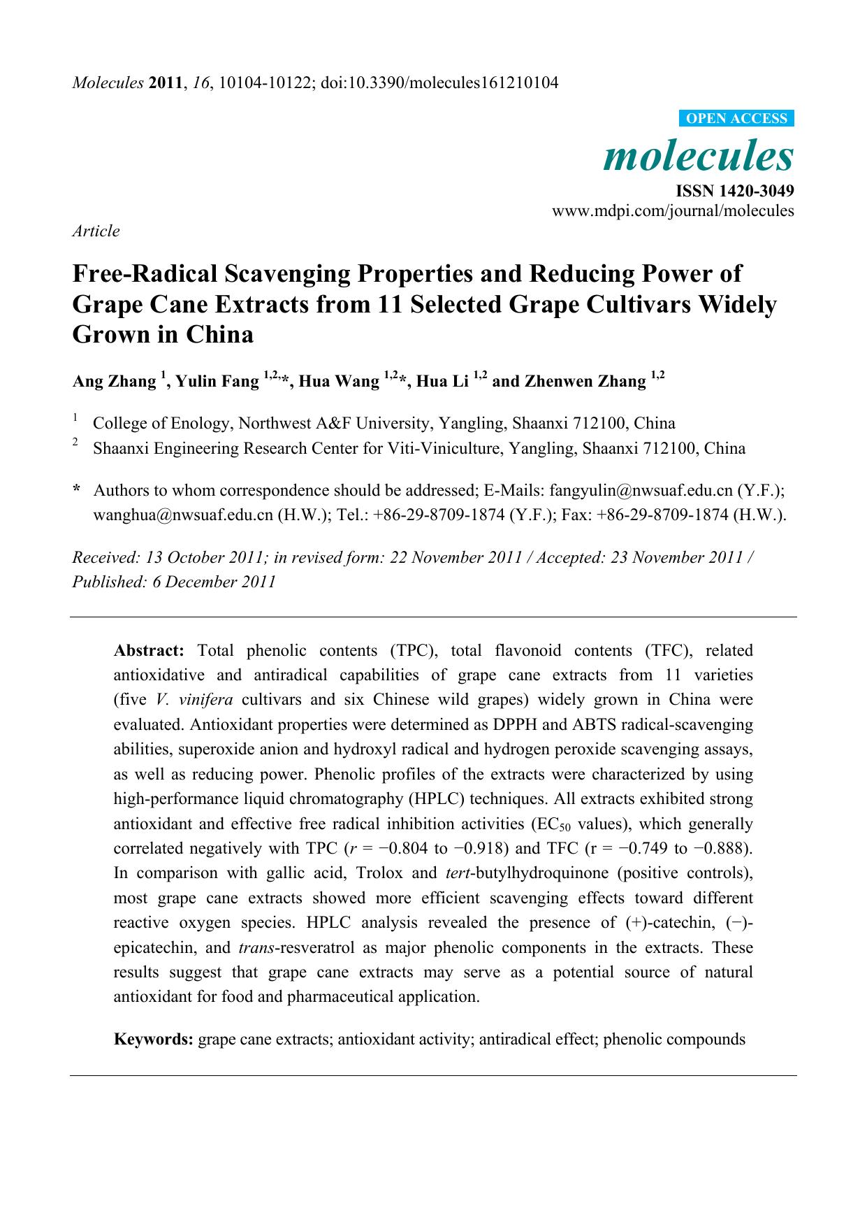 Free-Radical Scavenging Properties and Reducing Power of Grape Cane Extracts from 11 Selected Grape Cultivars Widely Grown in China by Ang Zhang & Yulin Fang & Hua Wang & Hua Li and Zhenwen Zhang