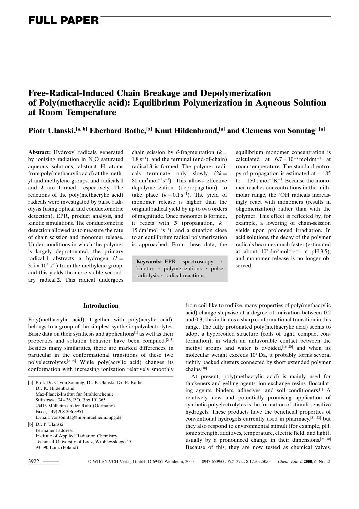 Free-Radical-Induced Chain Breakage and Depolymerization of Poly(methacrylic acid): Equilibrium Polymerization in Aqueous Solution at Room Temperature by Unknown
